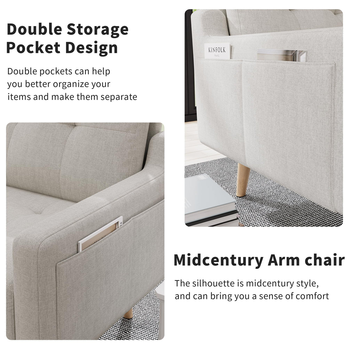 EJUNQ Mid Century Modern Accent Chair ,Upholstered Armchair,Comfy Reading Chair with Wood Legs,Fabric Single Sofa Chair for Living Room Bedroom Small Spaces(Ivory) EJUNQ