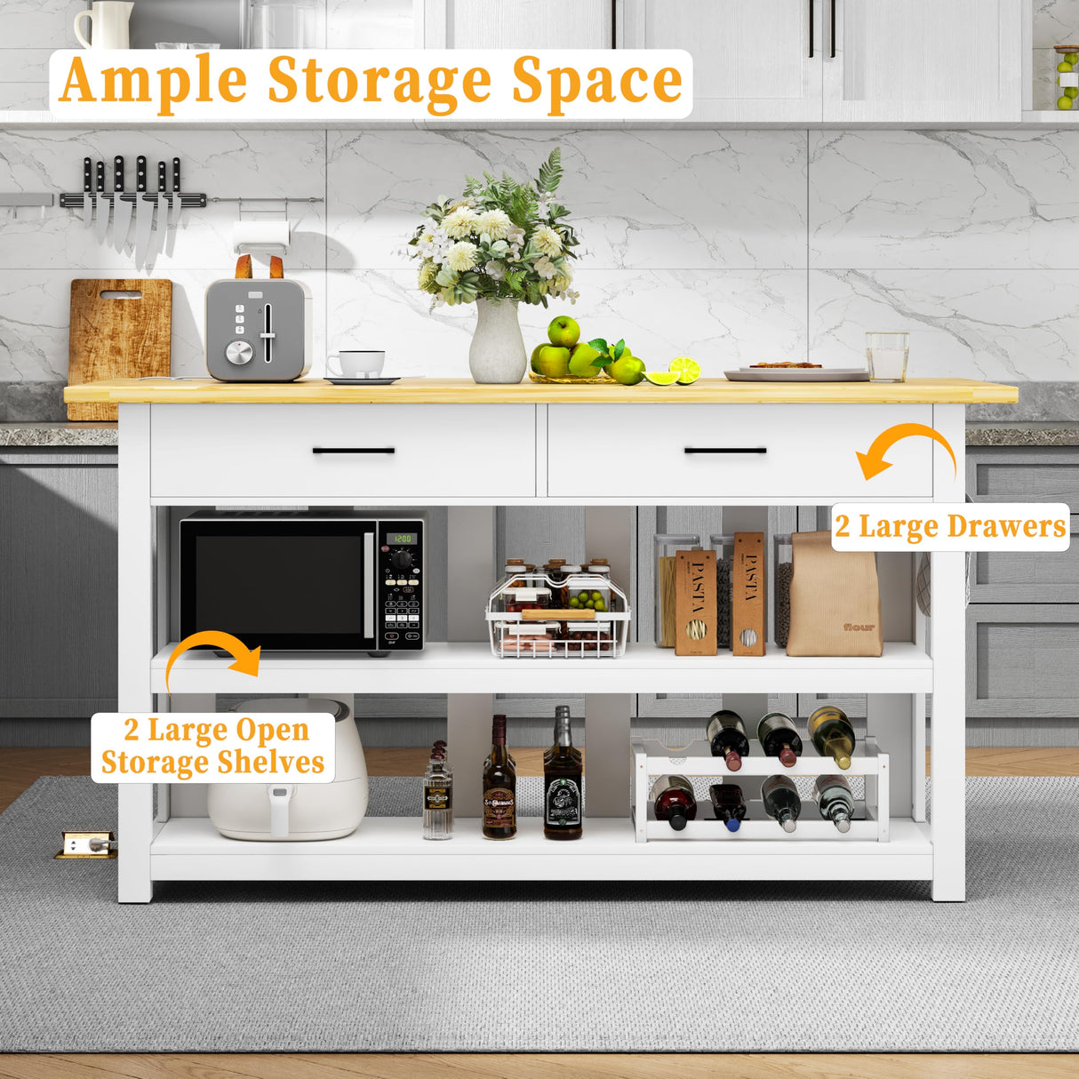 47.3" Solid Rubberwood Kitchen Island with Power Outlets - Extra Large Work Surface, 2 Drawers & Open Shelves Storage Cabinet for Kitchen Dining Room, Farmhouse Style (White) DynJest