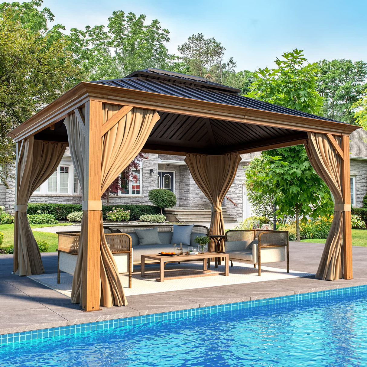 EROMMY 10'x12' Hardtop Gazebo, Wooden Finish Coated Aluminum Frame Gazebo with Galvanized Steel Roof, Outdoor Metal Gazebos with Curtains and Nettings for Patio, Backyard, Deck and Lawns EROMMY