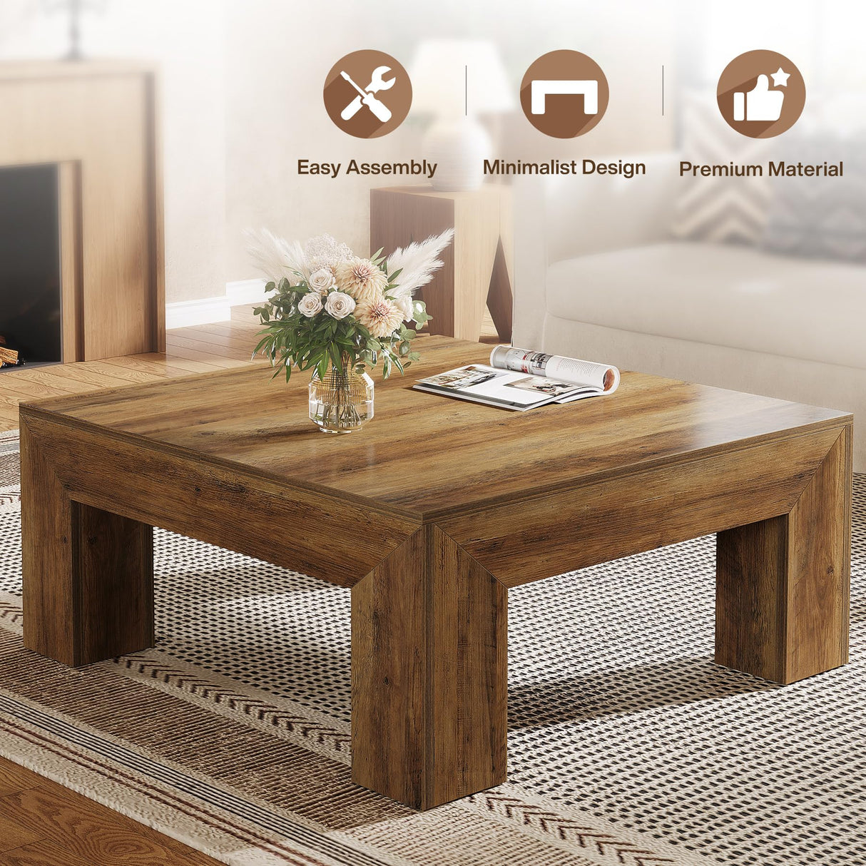 Tribesigns 39.4-Inch Square Coffee Table for Living Room, Farmhouse All MDF Accent Center Cocktail Table with Sturdy Wooden Legs, Easy Assembly, Rustic Brown Tribesigns