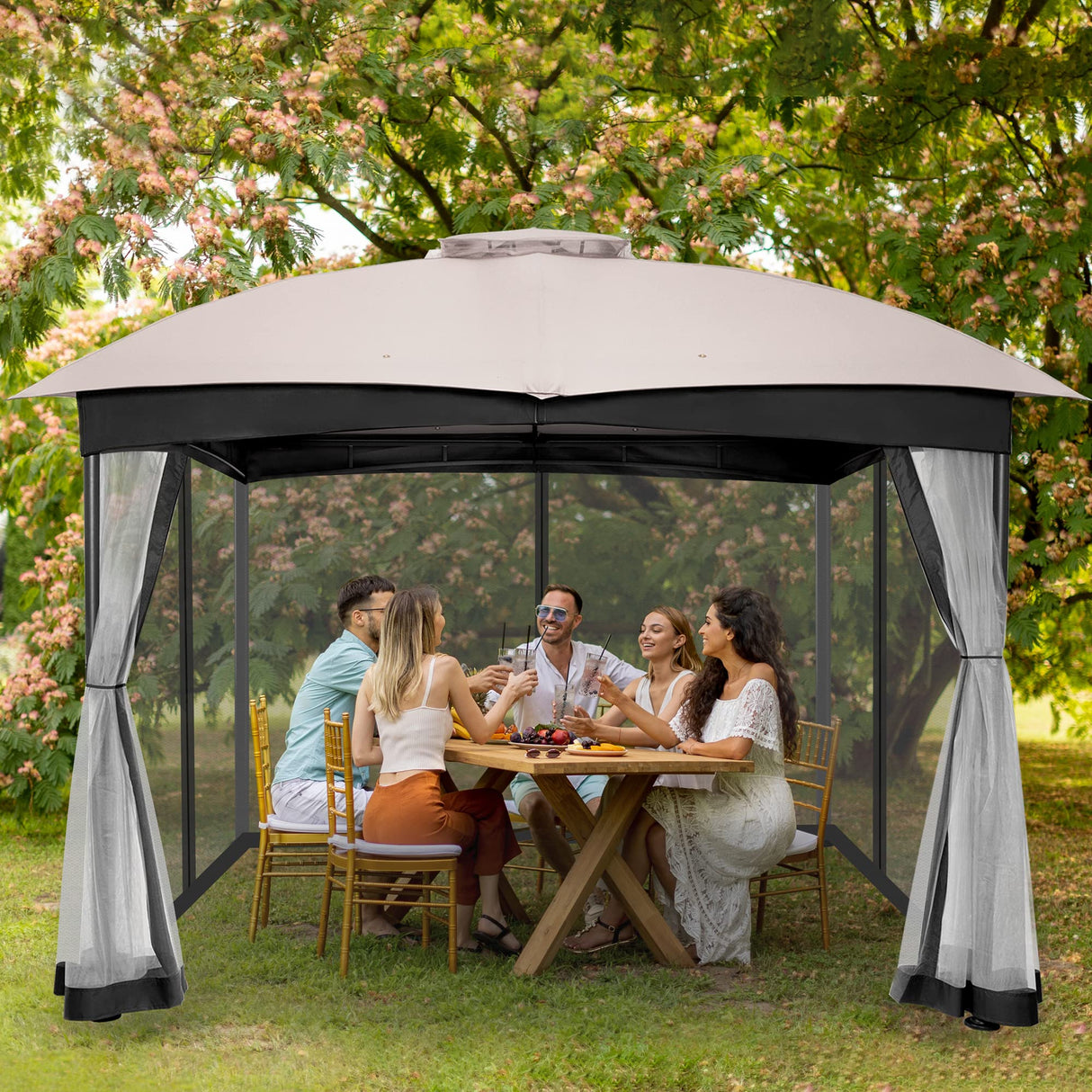 FAB BASED 10x12 Gazebo, Double Vent Canopy Gazebo for Outdoor with Privacy Netting, Easy Setup Patio Pavilion with Steel Frame Strong Legs for Lawn, Backyard, Deck (Ash Grey) FAB BASED
