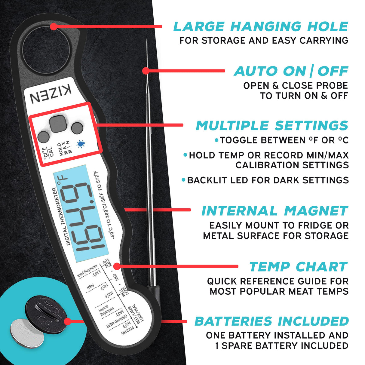 KIZEN Instant Read Meat Thermometer Digital - Food Thermometer for Cooking, Grill, Oven, BBQ - Waterproof and Backlit Display KIZEN
