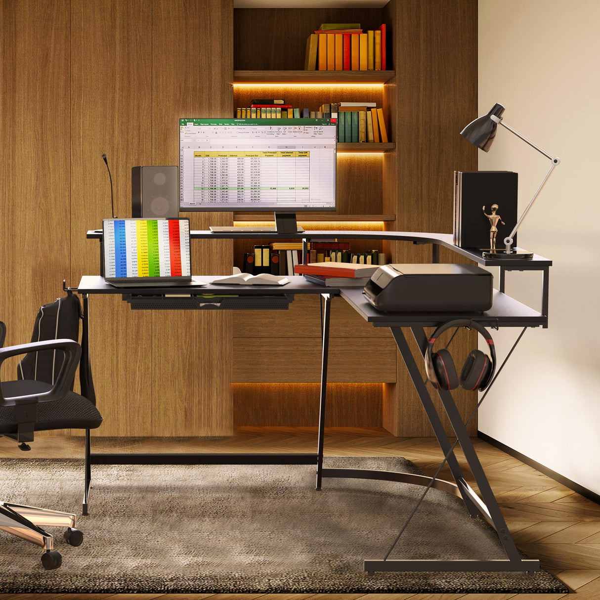 SHW L Shaped Gaming Desk with Full Around Monitor Stand and Drawer, Black SHW