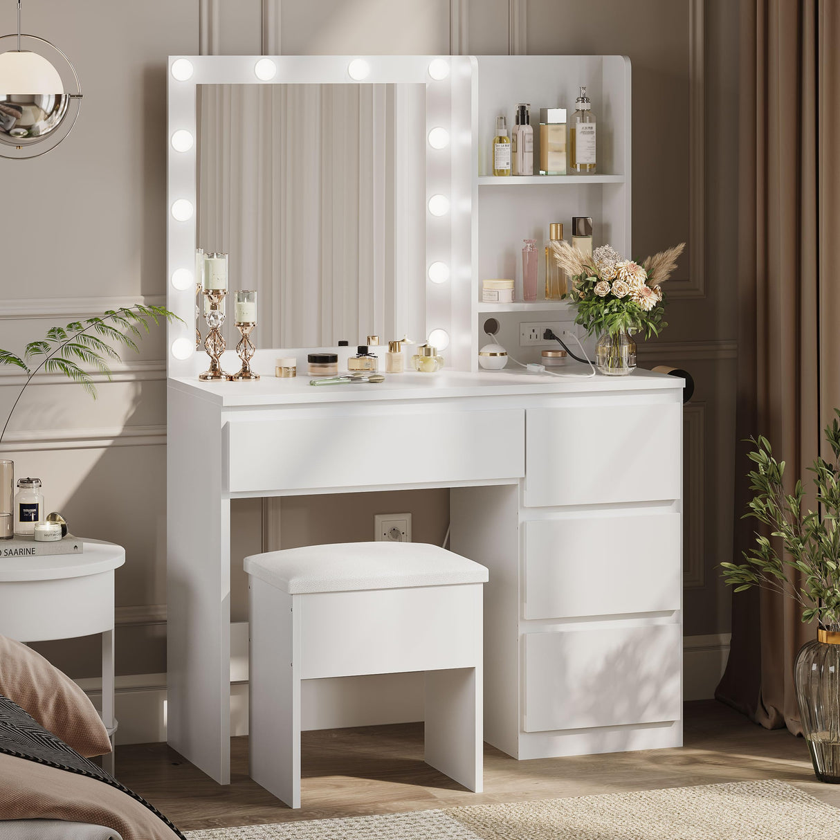 Decofy Vanity Desk with Mirror and 12 LED Lights, Makeup Vanity Table with USB & Power Outlets, 4 Drawers and Hairdryer Holder, Padded Stool with Storage, White Decofy