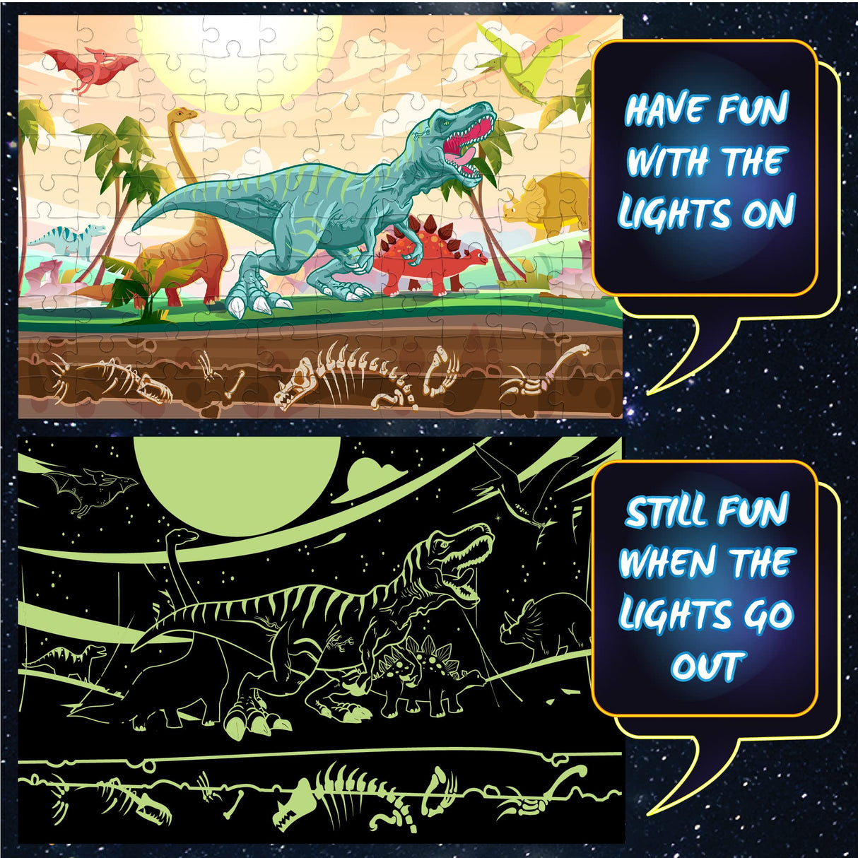 Hapinest Glow-in-The-Dark Dinosaur Jigsaw Puzzle for Kids, 100 Piece Puzzles for Kids Boys and Girls Gifts Ages 5 6 7 8 9 10 11 12 Years Old & Up, Includes 12 Dinosaur Fact Cards & LED Mini Flashlight Hapinest