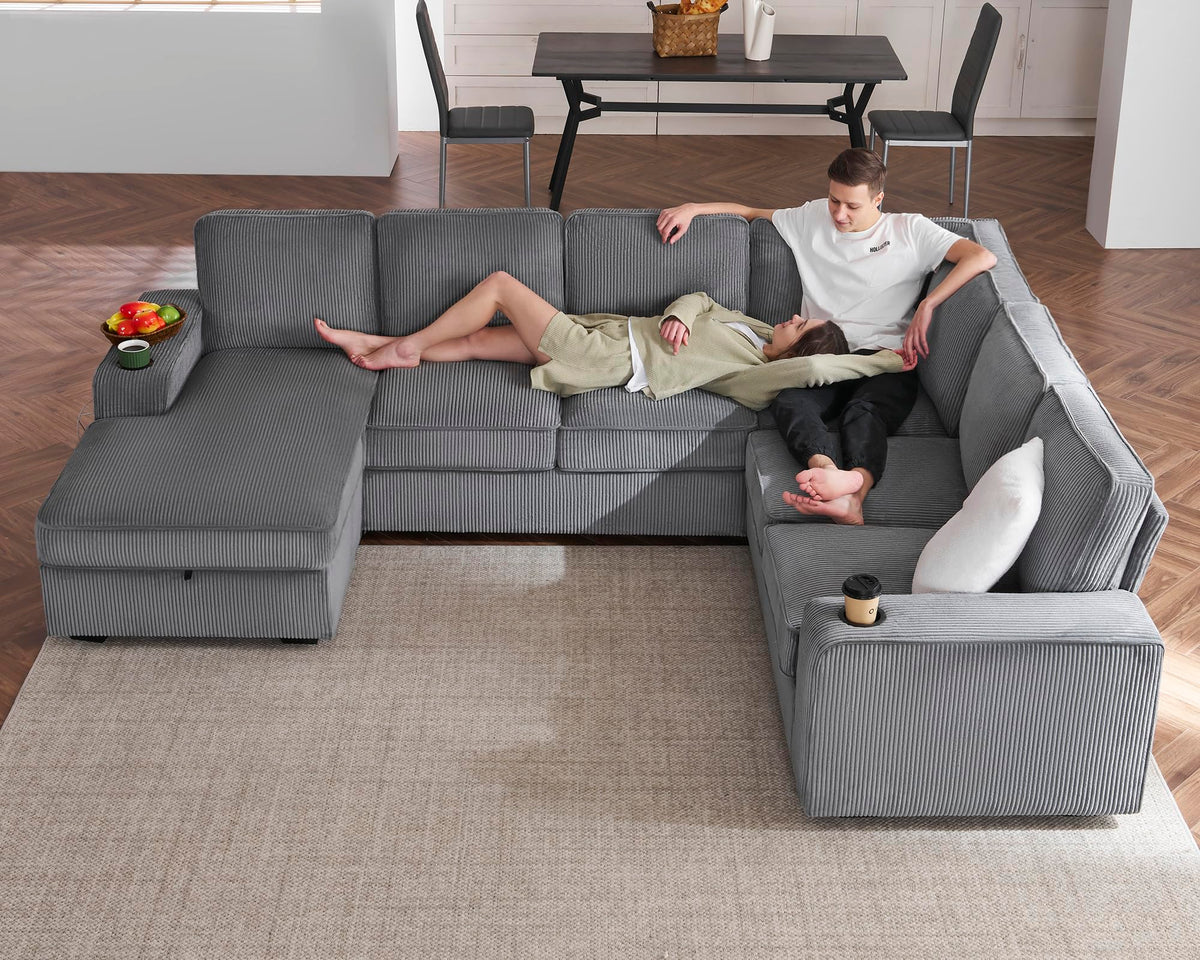 PaPaJet Oversized Sofa, 112 inch U Shaped Sofa with USB Ports, Sectional Couch with Storage Chaise, Corduroy Grey PaPaJet