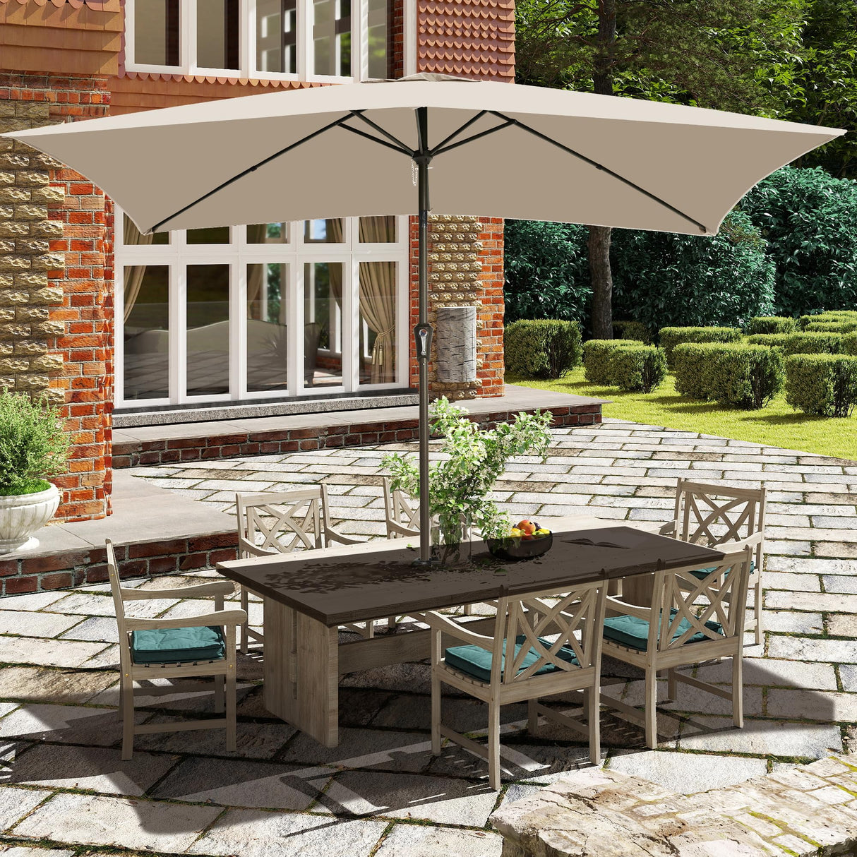 Ayge 6.5x10FT Rectangular Patio Umbrella Outdoor Table Umbrella w/Push Button Tilt & Crank Rectangle Market Umbrella UV Protection for Garden,Deck,Lawn,Yard & Pool,Beige Ayge