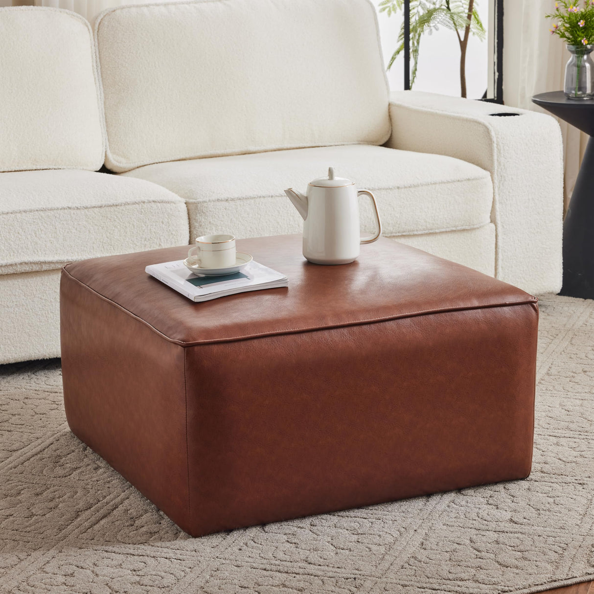 Christopher Knight Home Faux Leather Ottoman Footstool, Square Pouf Poufee Footrest Ottoman Large Seat, Modern Side Table for Living Room Bedroom Home Decor Gifts, Light Brown 30" Christopher Knight Home