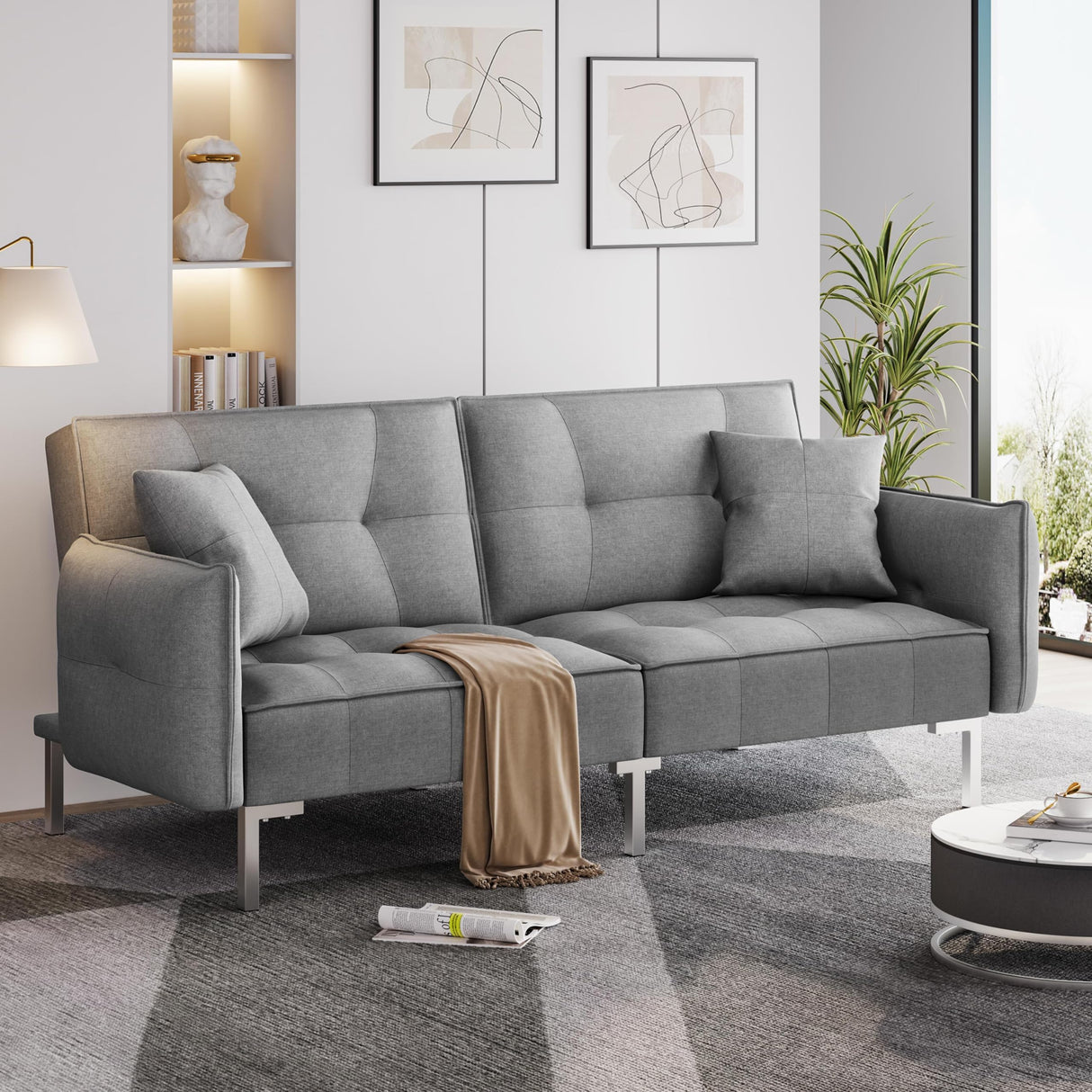 Yaheetech Sleeper Sofa Couch Bed Convertible Sofa Modern Futon Couches Sofas Bed Fold Up and Down Linen Fabric Recliner Couch for Living Room Gray Yaheetech