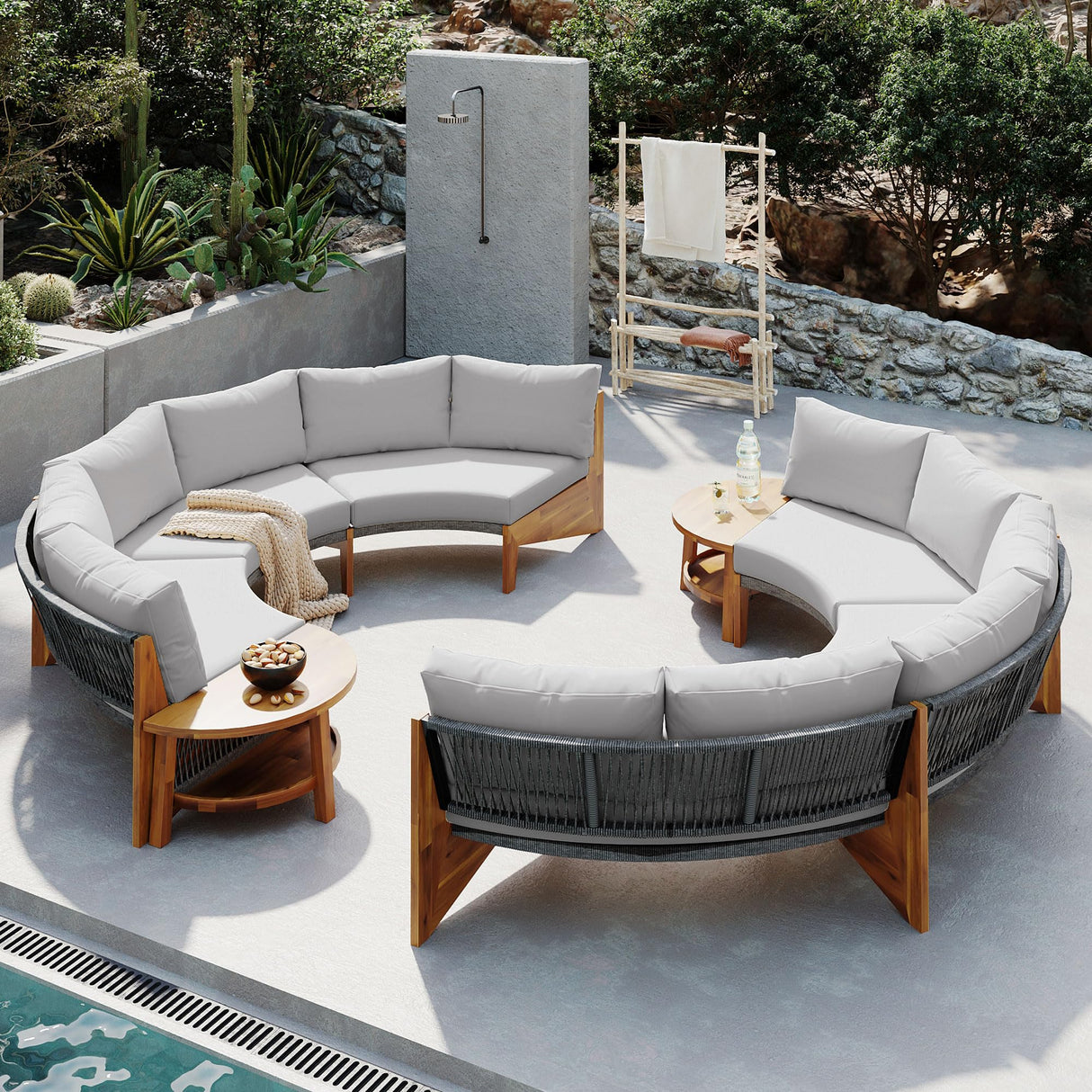 Quarte Outdoor Acacia Wood Round Sofa Set, Sectional Sets with Coffee Table,6-Person Seating Group for Garden, Deck (Gray/Half-Moon*A) Quarte
