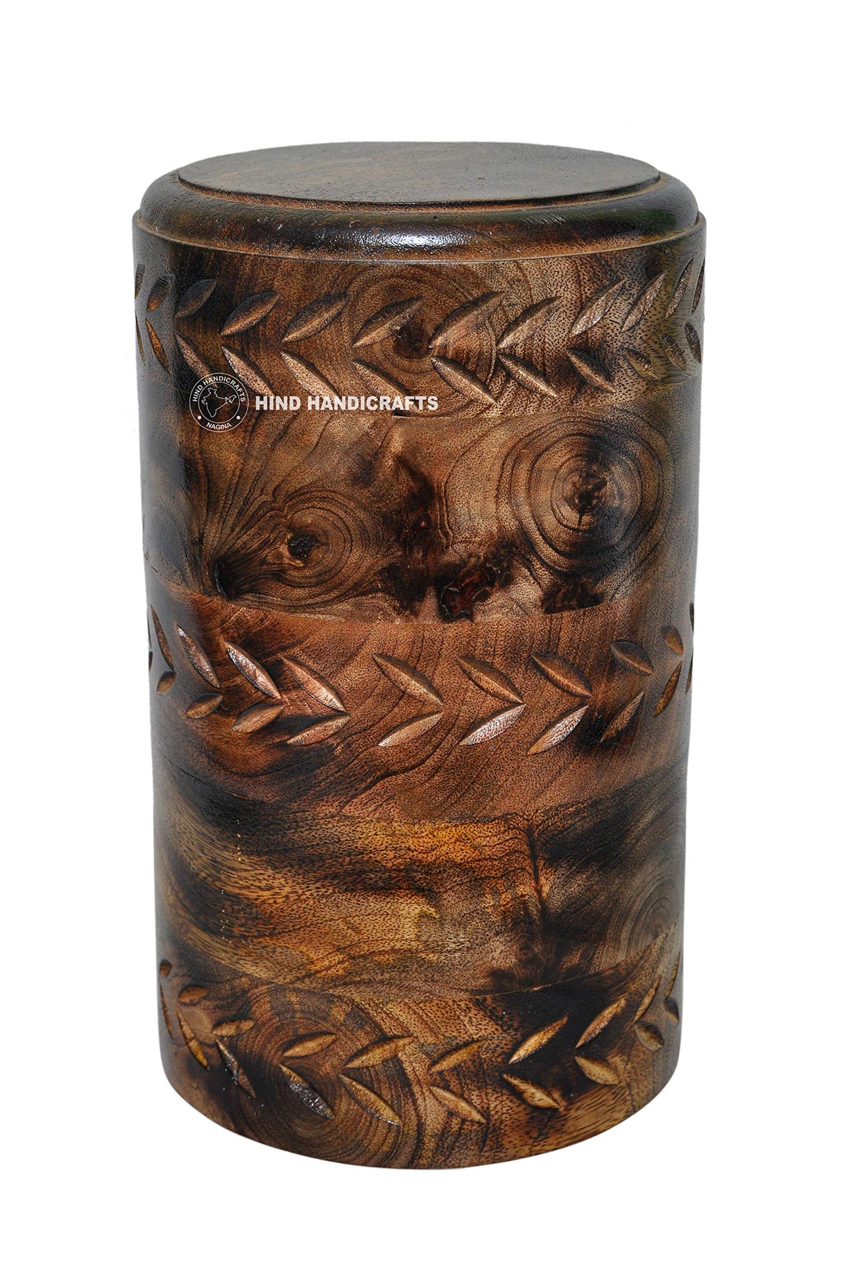 HIND HANDICRAFTS Round Wooden Engraved Urns for Human Ashes Adult - Wooden Box Rosewood Cremation Urns for Ashes - Burial Urns - Funeral Urns Large Hind Handicrafts