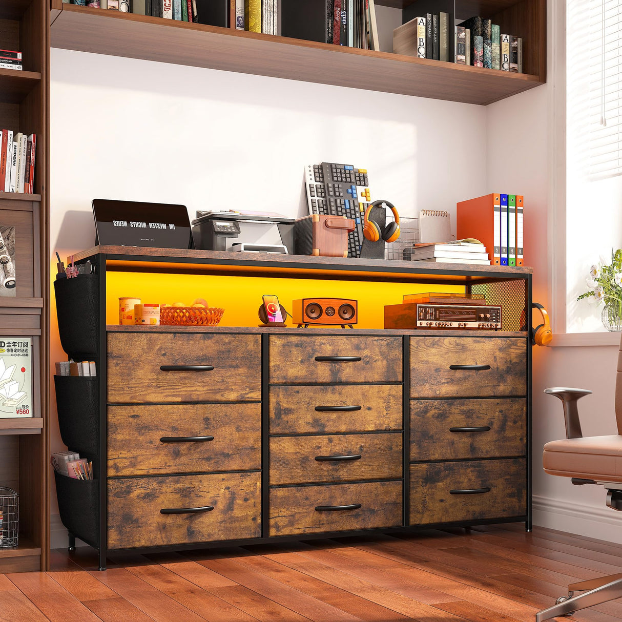 EnHomee Dresser for Bedroom with 10 Fabric Drawers, Dresser with LED Lights & Power Outlets, 55" TV Stand Dresser with Side Pockets and Wood Open Shelves for Bedroom, Entryway, Rustic Brown EnHomee