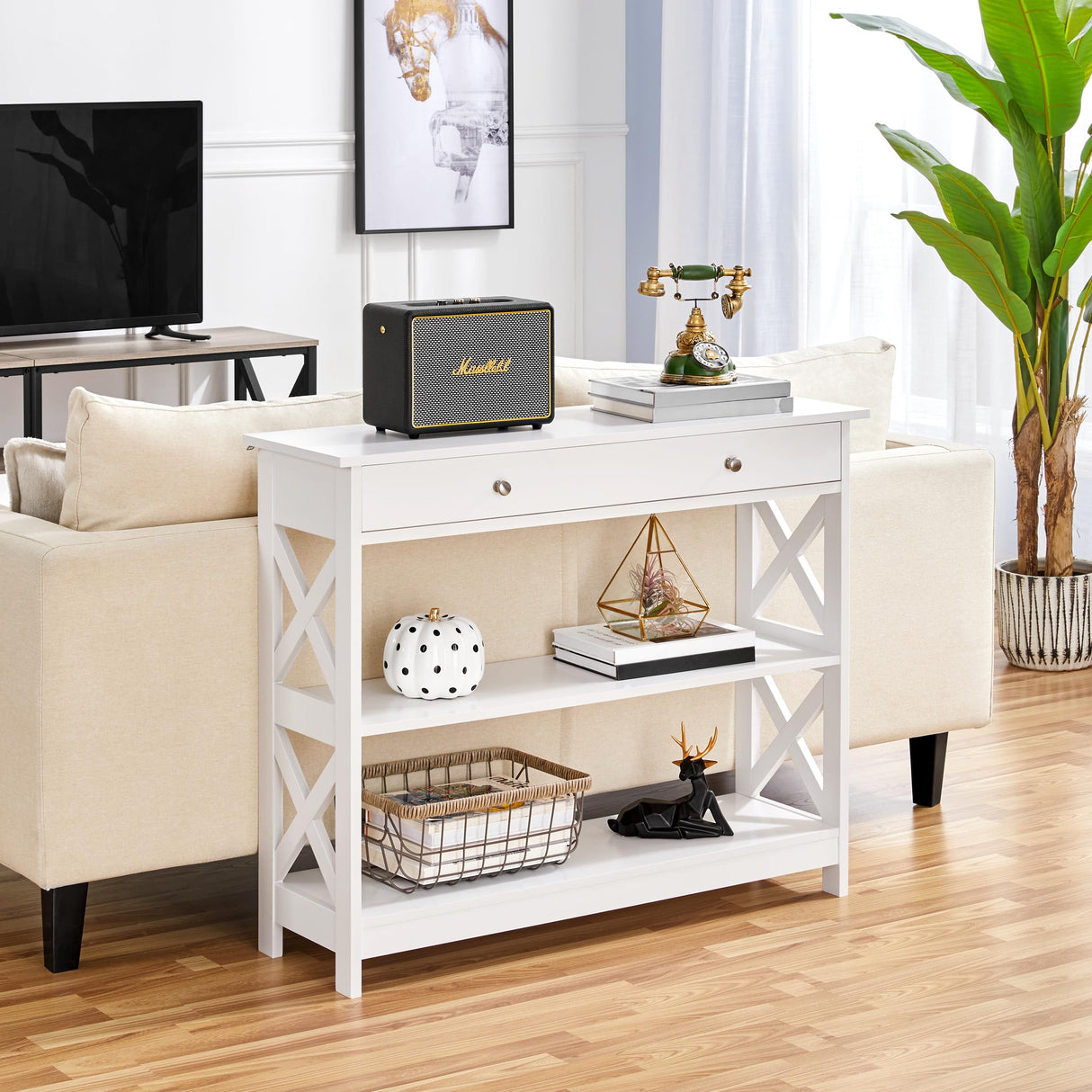 Yaheetech Console Table with Drawer, 3-Tier Entryway Table with Storage Shelves, Wood Narrow Sofa Table for Entryway/Hallway/Living Room, White Yaheetech