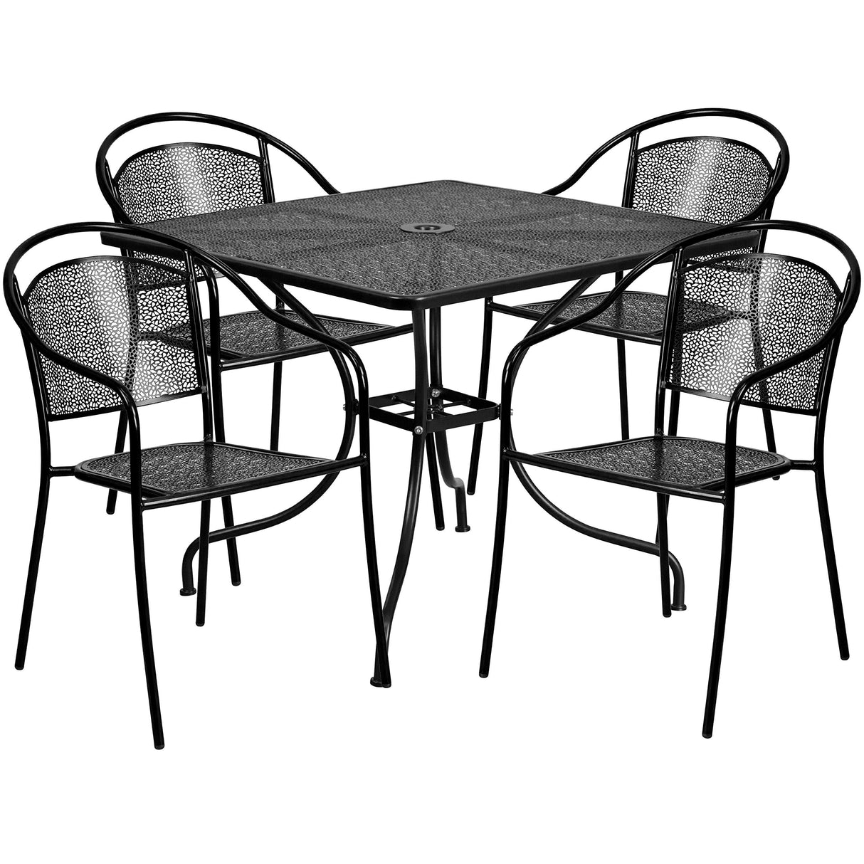 Flash Furniture Oia 5-Piece Commercial Grade Steel Patio Table and Chairs Set, Outdoor Dining Set with Square Table and 4 Round Back Chairs, Black Flash Furniture