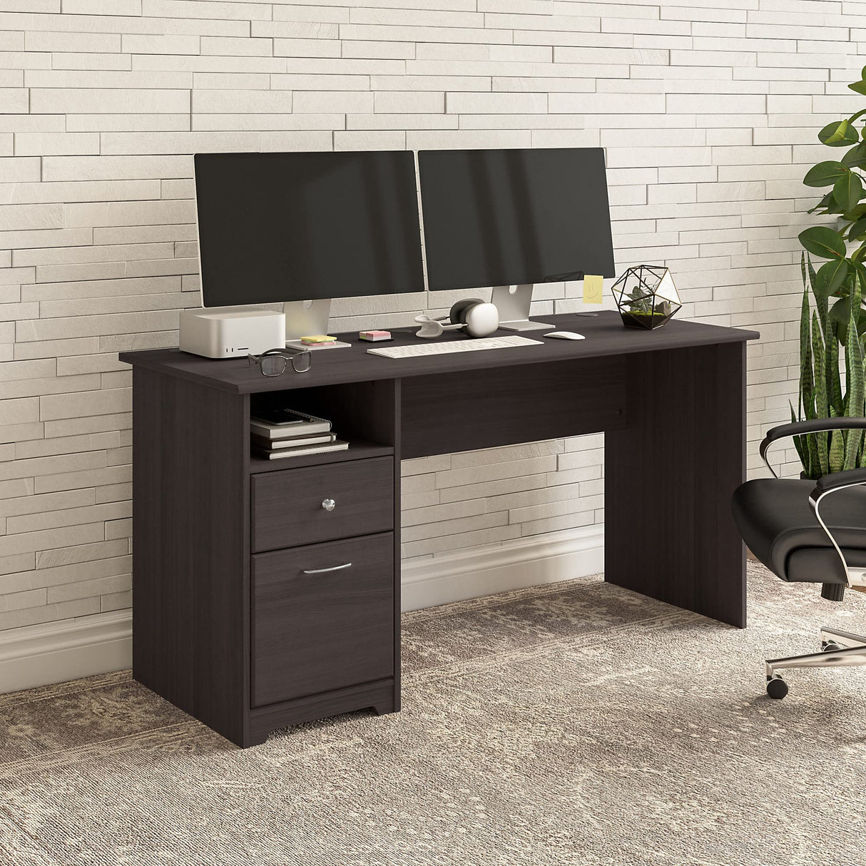 Bush Business Furniture Cabot Desks for Home Office with Storage and Chrome Hardware, Elegant Computer Table with Drawers, 60W, Heather Gray Bush Business Furniture