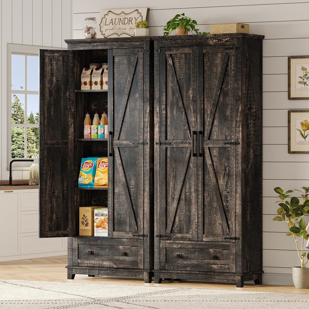 AMERLIFE 2 Pcs Farmhouse Kitchen Pantry Cabinet, 72" Tall Storage Cabinet with Adjustable Shelves & Barn Doors & Drawer, Freestanding Kitchen Cupboard for Dining Room, Living Room, Dark Rustic Oak AMERLIFE