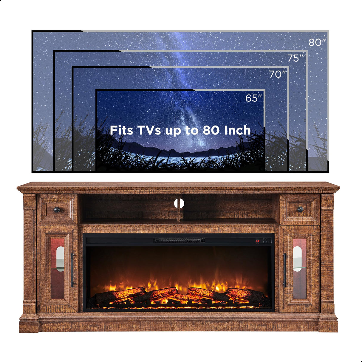 OKD Farmhouse Fireplace TV Stand for 80 Inch TV, Entertainment Center with 42" Fireplace & LED Lights, Modern Media Console Table with Storage Drawers & Cabinets, Reclaimed Barnwood Color OKD