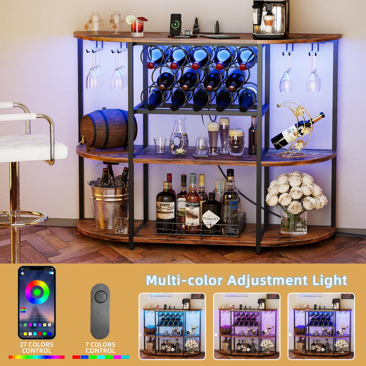 VICTONE Wine Bar Cabinet with LED Lights and Power Outlets, Freestanding Liquor Bar Cabinet Table with Glass Holder Wine Rack Table Mini Bar for Home Kitchen Dining Room VICTONE