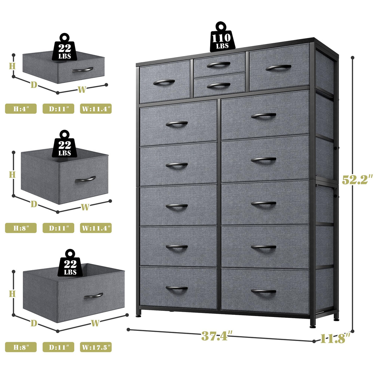 14 Drawer Dresser, Tall Fabric Dressers & Chest of Drawers, Large Bedroom Dresser for Bedroom, Closets, Living Room, Entryway, Wooden Top, Metal Frame, 52.2" H x 37.4" W x 11.8" D, Grey EnHomee