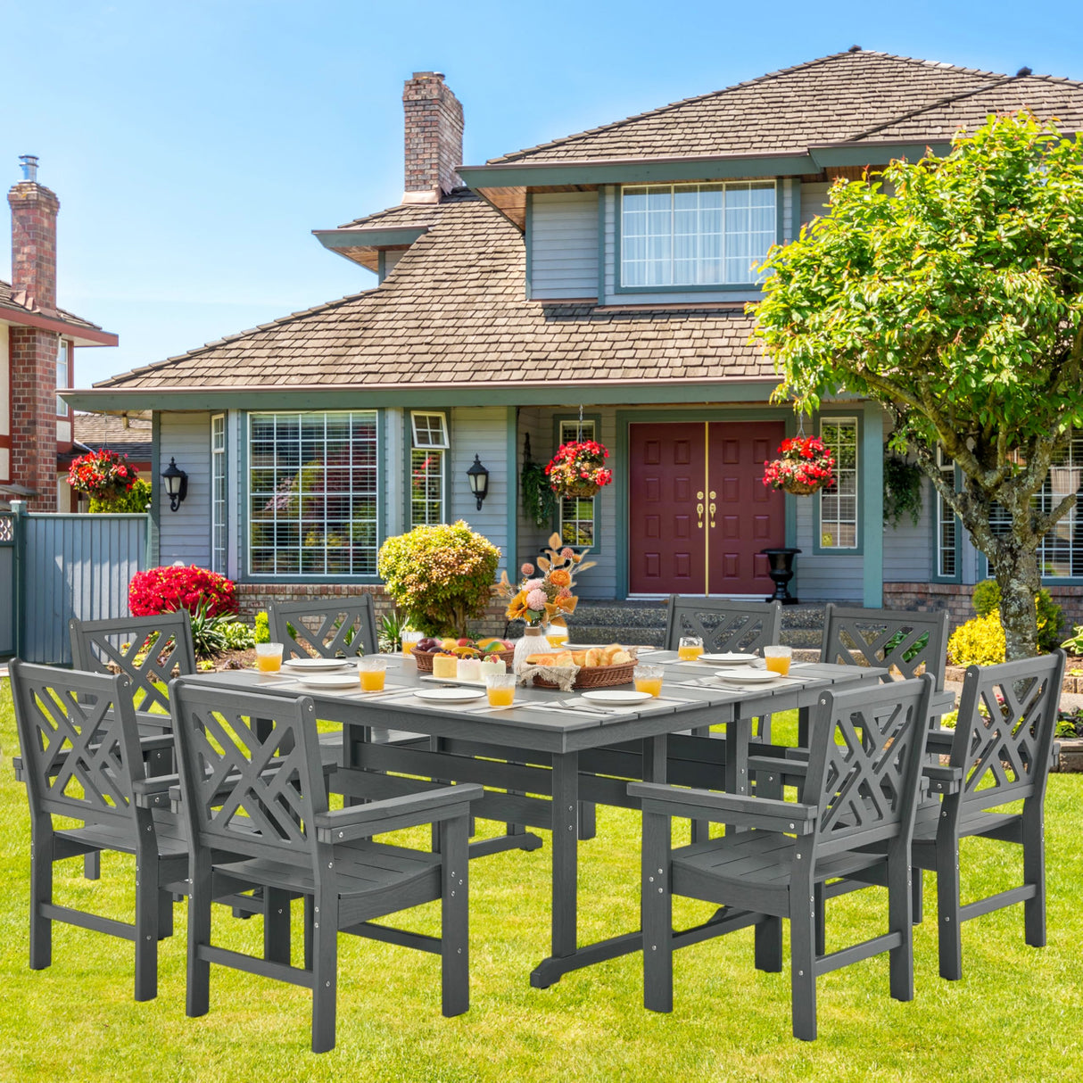 HDPE Outdoor Dining Set,10-Piece Outdoor Table and Chairs Include 8 Dining Chairs and 2 Pcs 62.5" Patio Dining Table with Umbrella Hole (Gray) AZXZCS