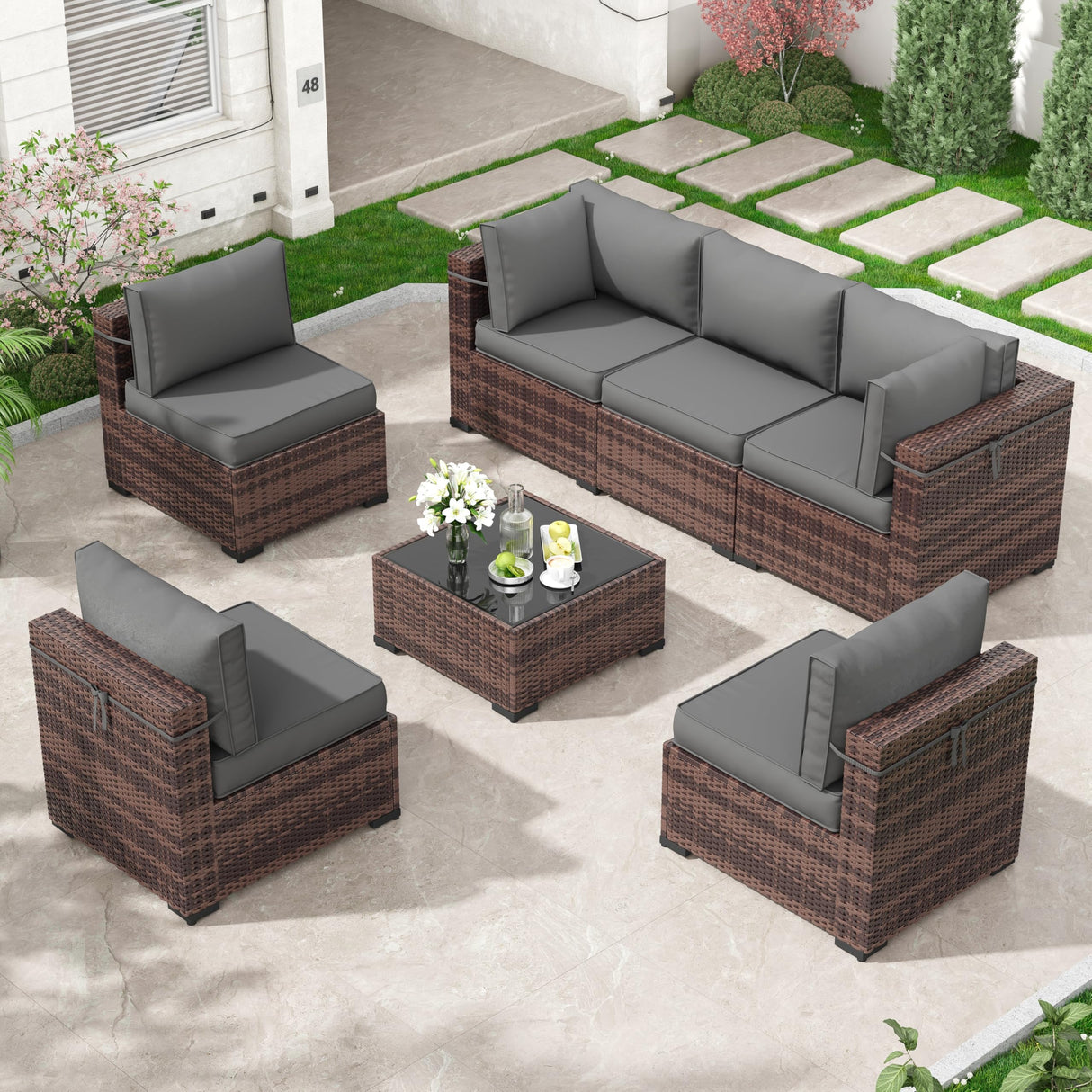 Amopatio 7 Pieces Patio Furniture Set, Outdoor Furniture Sectional Rattan Sofa Sets, Patio Couch with Glass Coffee Table for Backyard Garden (Grey) Amopatio