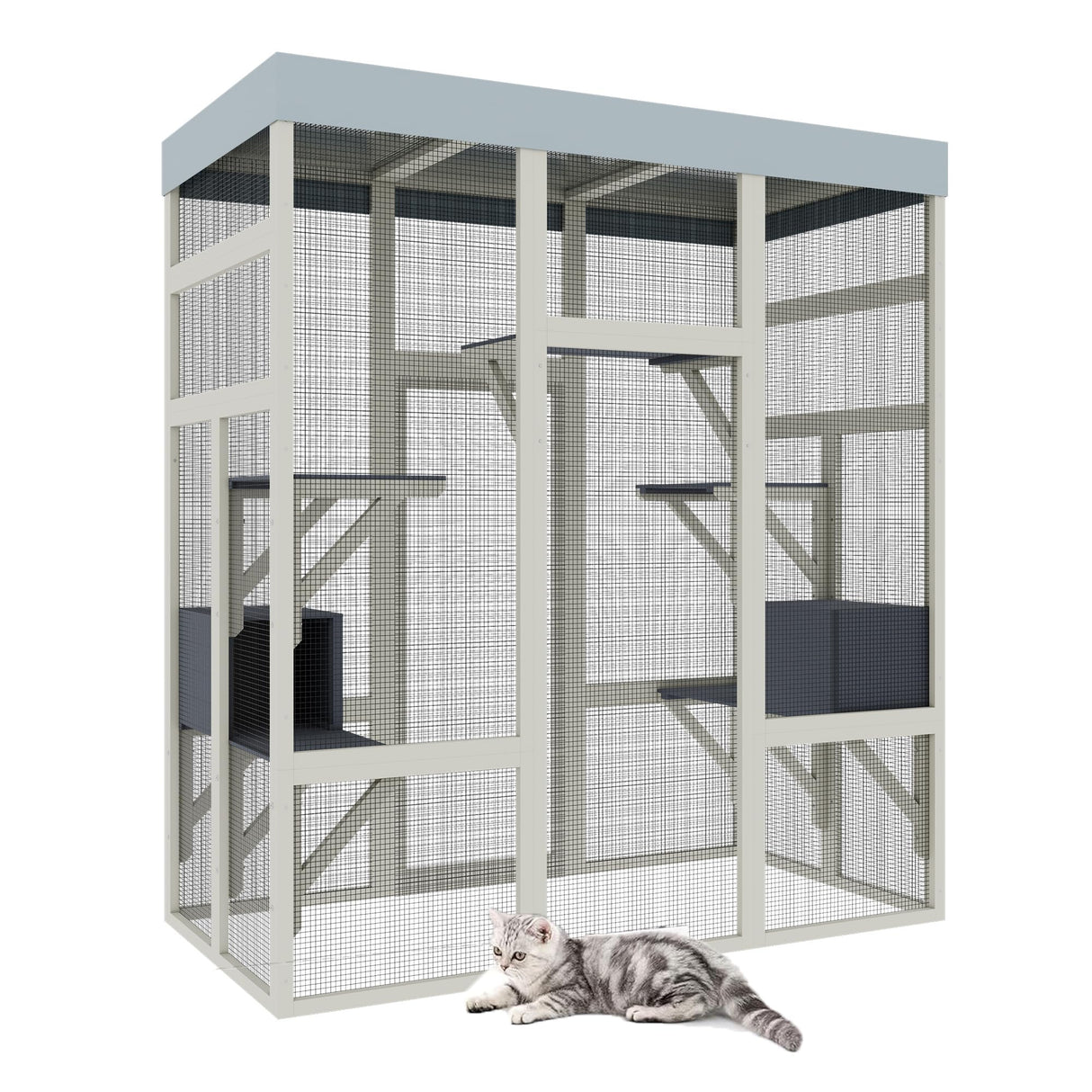 MegaChoice 70" Large Wood Catio Outdoor Cat Enclosure, Outdoor Cat Cage with Waterproof Cover,Wooden Walk in Cat Shelter Platforms & 2 Resting Box, UV Resistant (Grey) MegaChoice