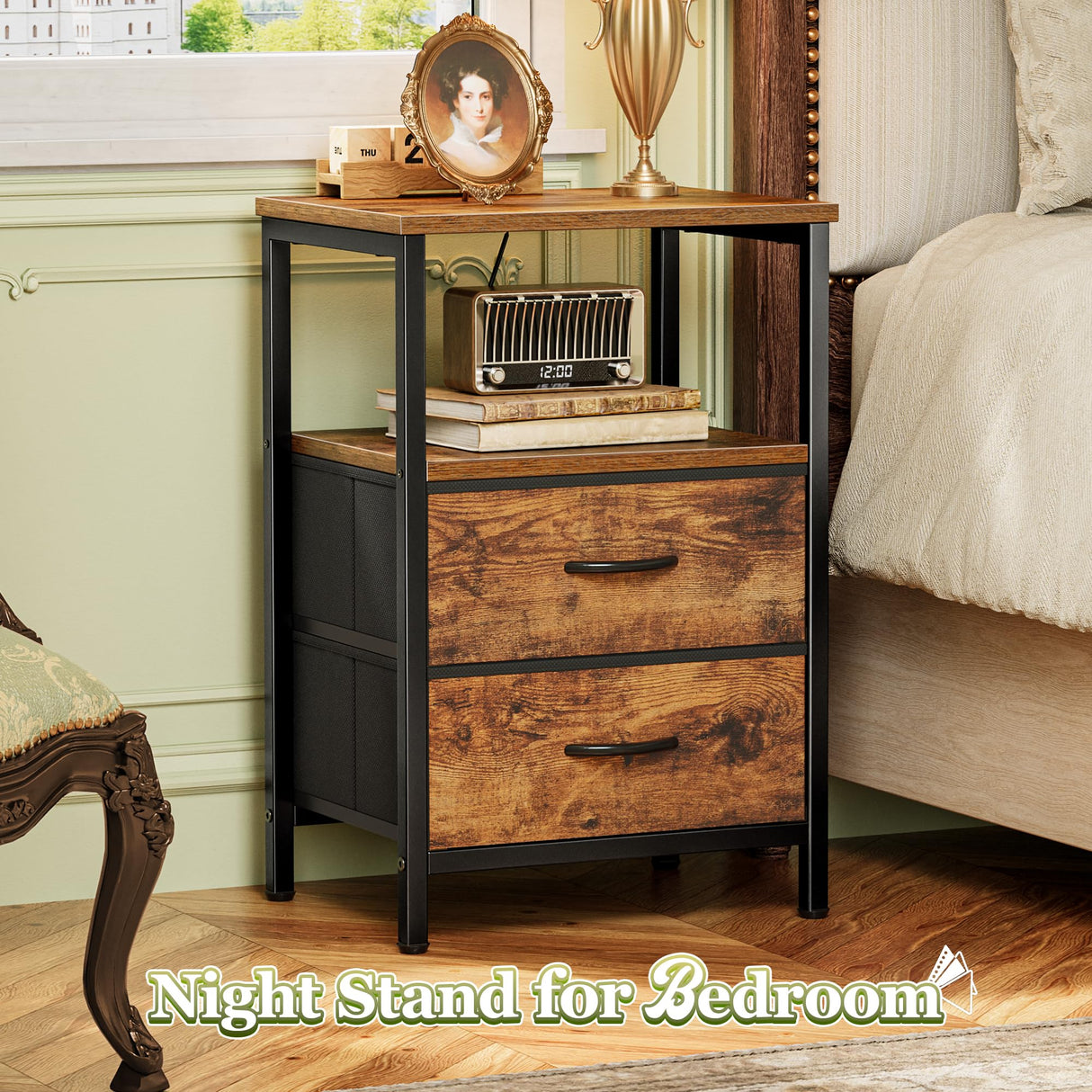 Huuger Night Stand Set of 2, Nightstand with 2 Drawers, Bed Side Table with Open Shelf, Wooden Top, End Table, Fabric Drawer, for Bedroom, Rustic Brown Huuger