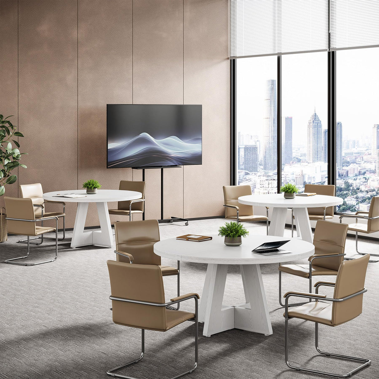 Tribesigns 47-Inch Round Conference Table for 4-6 People, Wooden Meeting Room Table with Thicken Tabletop and Wood Base (White) Tribesigns