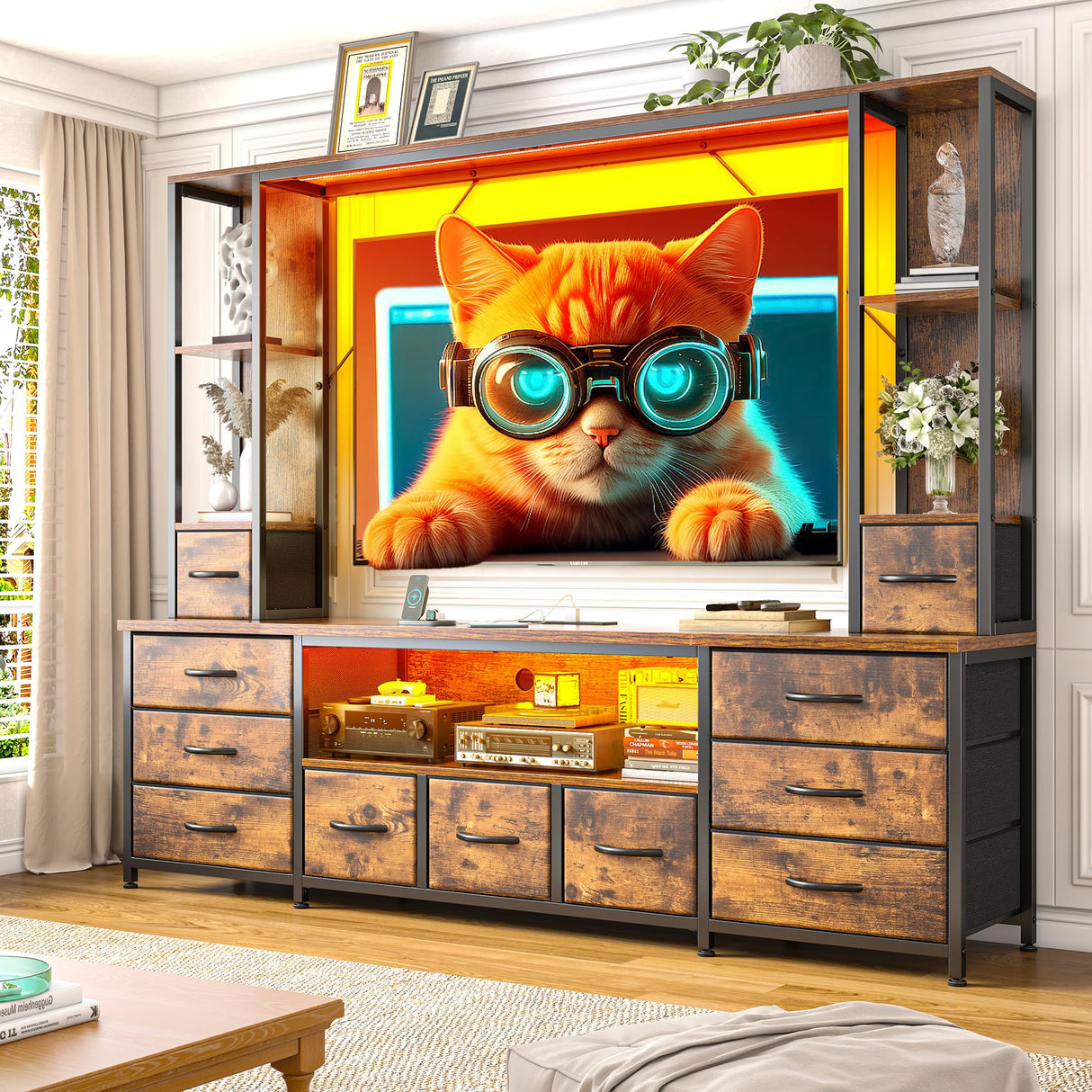 78.6" W TV Stands for Living Room, Large Wall Unit Entertainment Center with 11 Fabric Drawer,Dresser TV Stand with 2 LED Lights & Power Outlets,TV Stand for Bedroom with Storage Shelves,Brown EnHomee