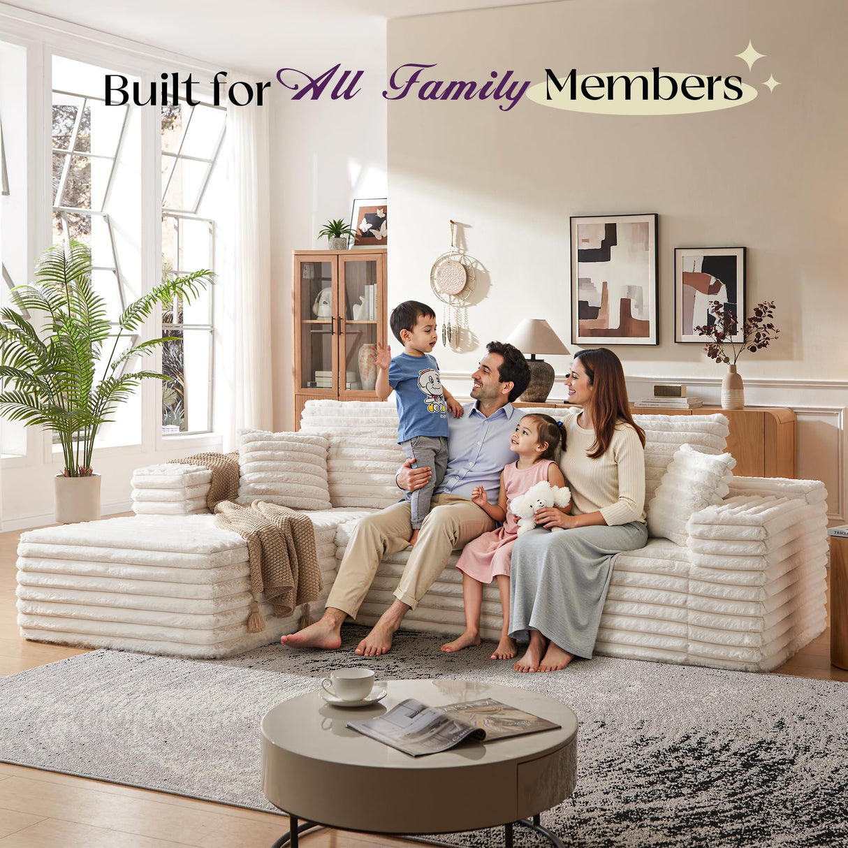 VanAcc 106" Oversized Modular Sectional Sofa, Deep Seat Cloud Couch with Corduroy Upholstery, L Shaped Boneless Sofas, Easy No-Assembly Lounge Couches for Living Room, Cream VanAcc