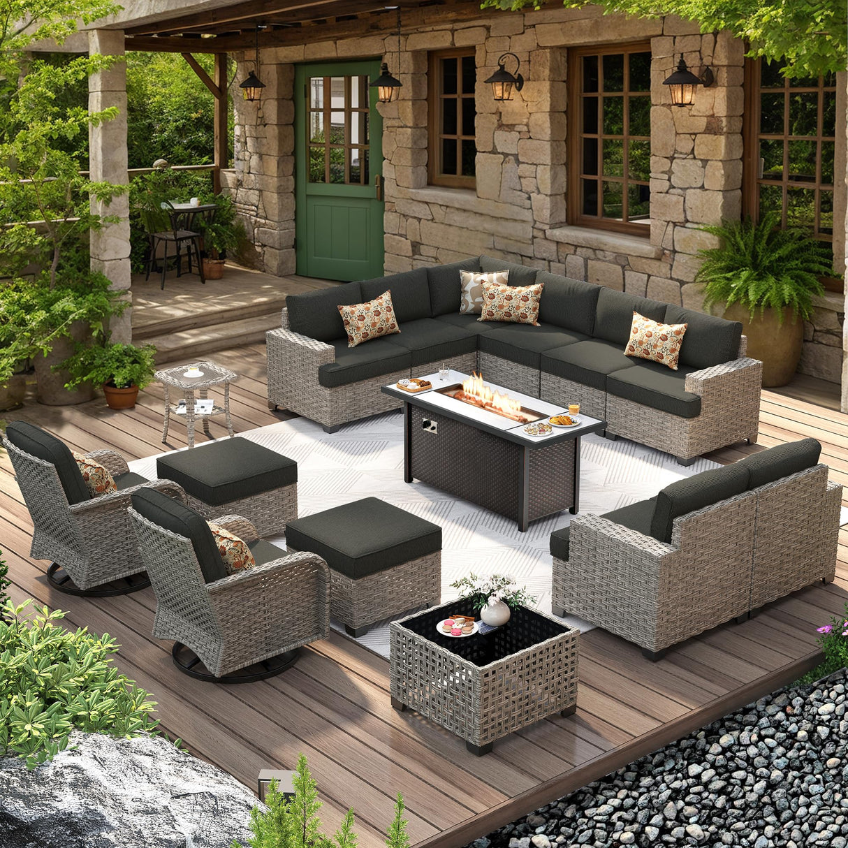 HOOOWOOO Outdoor Sectional Patio Furniture Set with Fire Pit Table,15 Pieces Wicker Conversation Sets L Shaped Couch,Extra Deep Out Door Sofa Outside Furniture with Swivel Chairs Ottomans,Black HOOOWOOO