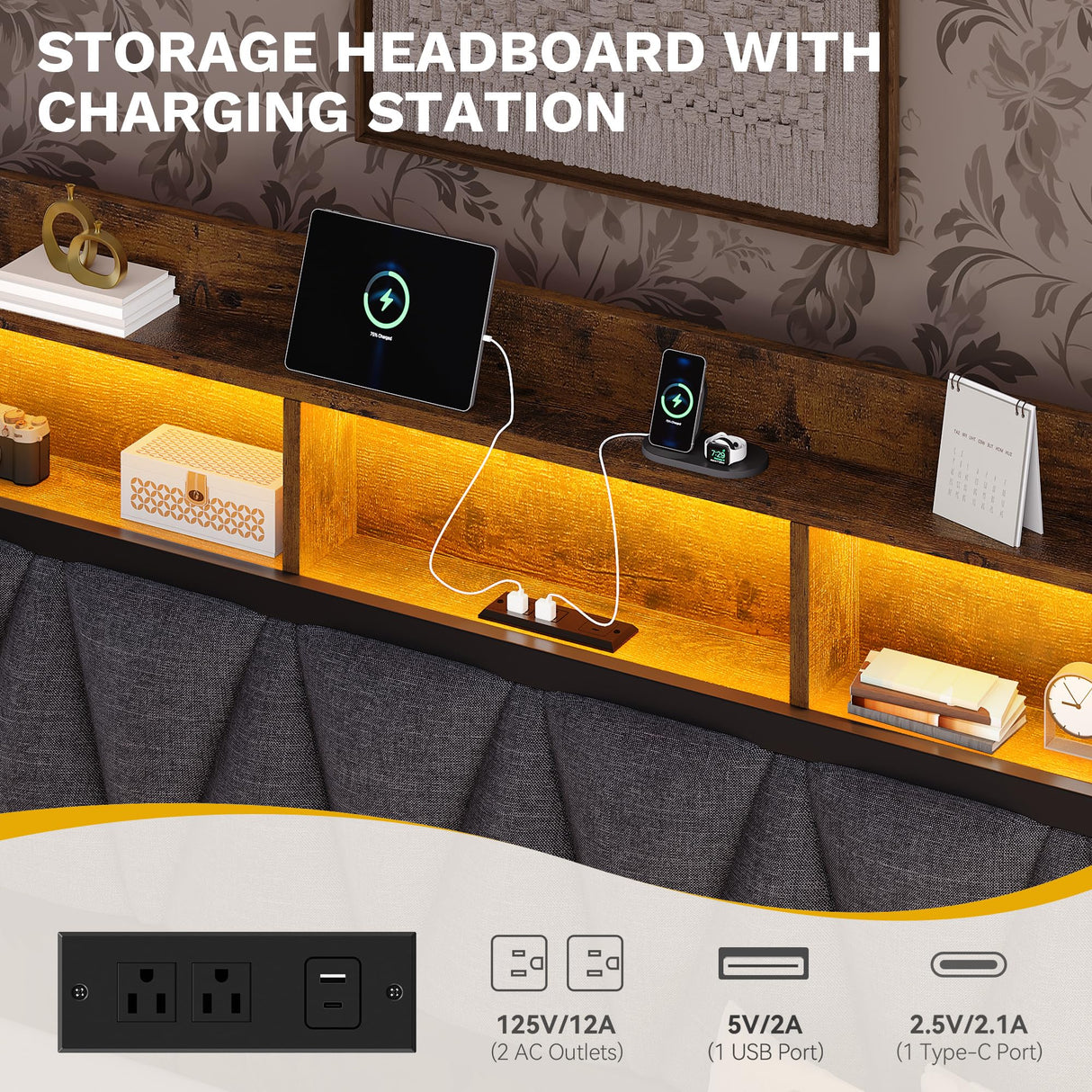 YITAHOME Twin Size Daybed with Trundle, Heavy Duty Metal Bed Frame with RGB LED Lights, Upholstered Storage Bookcase Headboard with Charging Station for Living Room, Bedroom and Guest Room, Grey YITAHOME