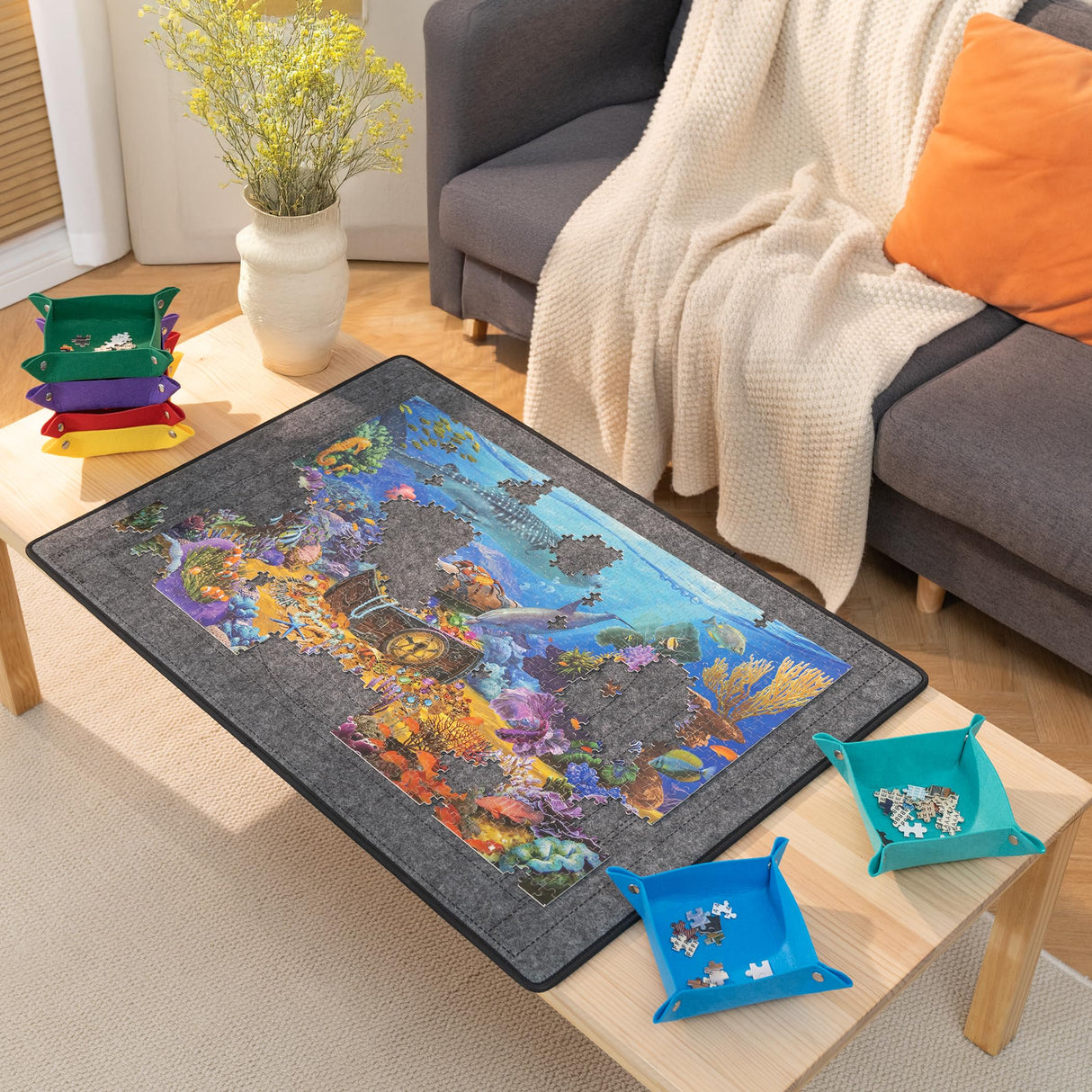 Becko US 1500 Piece Jigsaw Puzzle Board with 6 Trays & Cover, Foldable Puzzle Mat with Auxiliary Lines for Puzzle Storage Saver, Lightweight & Portable, for 1500 1000 750 500 Pieces Jigsaws Puzzles