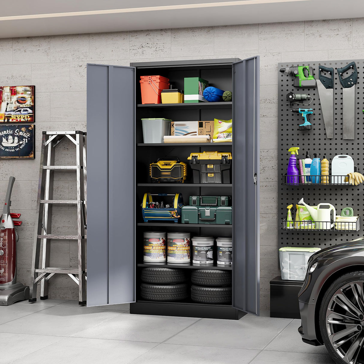 Yizosh Metal Garage Storage Cabinet with 5 Adjustable Shelves, 71" Metal Storage Cabinet with Locking Doors, Steel Tool Cabinets for Home, Office, Garage, Warehouse, School (Black Grey) Yizosh