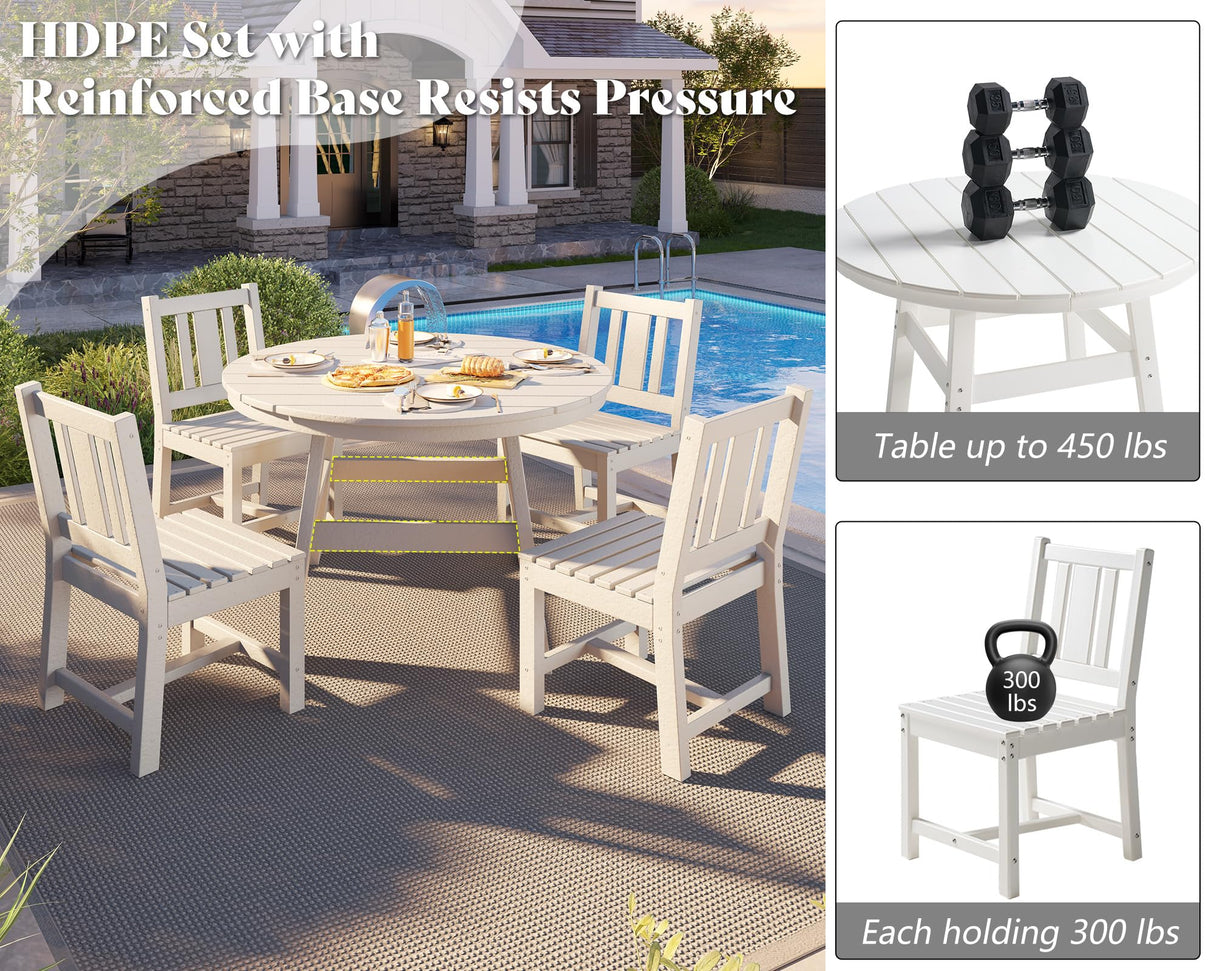 AMERLIFE 5 Piece HDPE Outdoor Dining Table & Chairs Set, All-Weather Patio Furniture with Umbrella Hole for Garden, Backyard, Seaside, White AMERLIFE