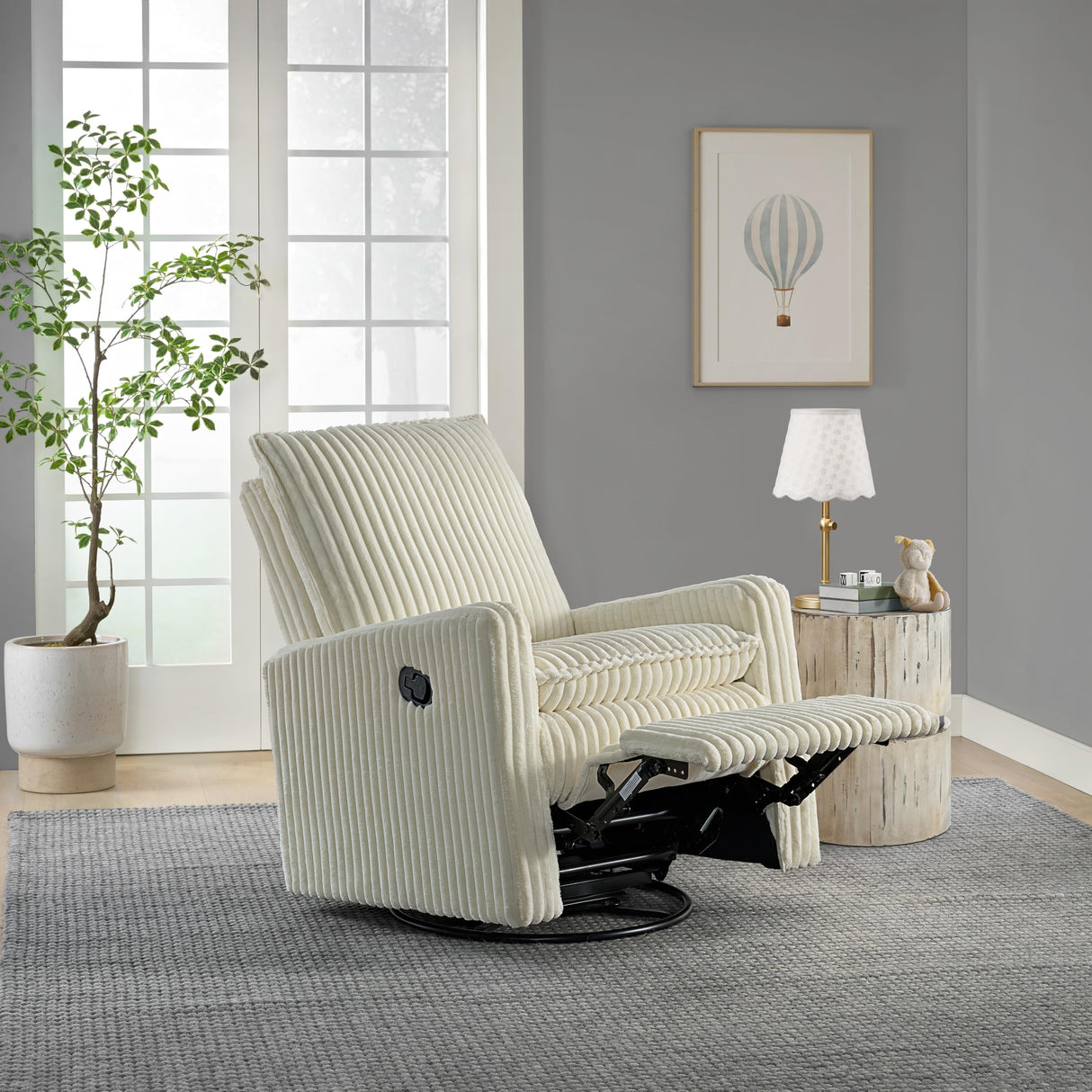 Oxford Baby Uptown Upholstered Swivel Glider and Recliner Nursery Chair - Corduroy, Pearl White Oxford Baby