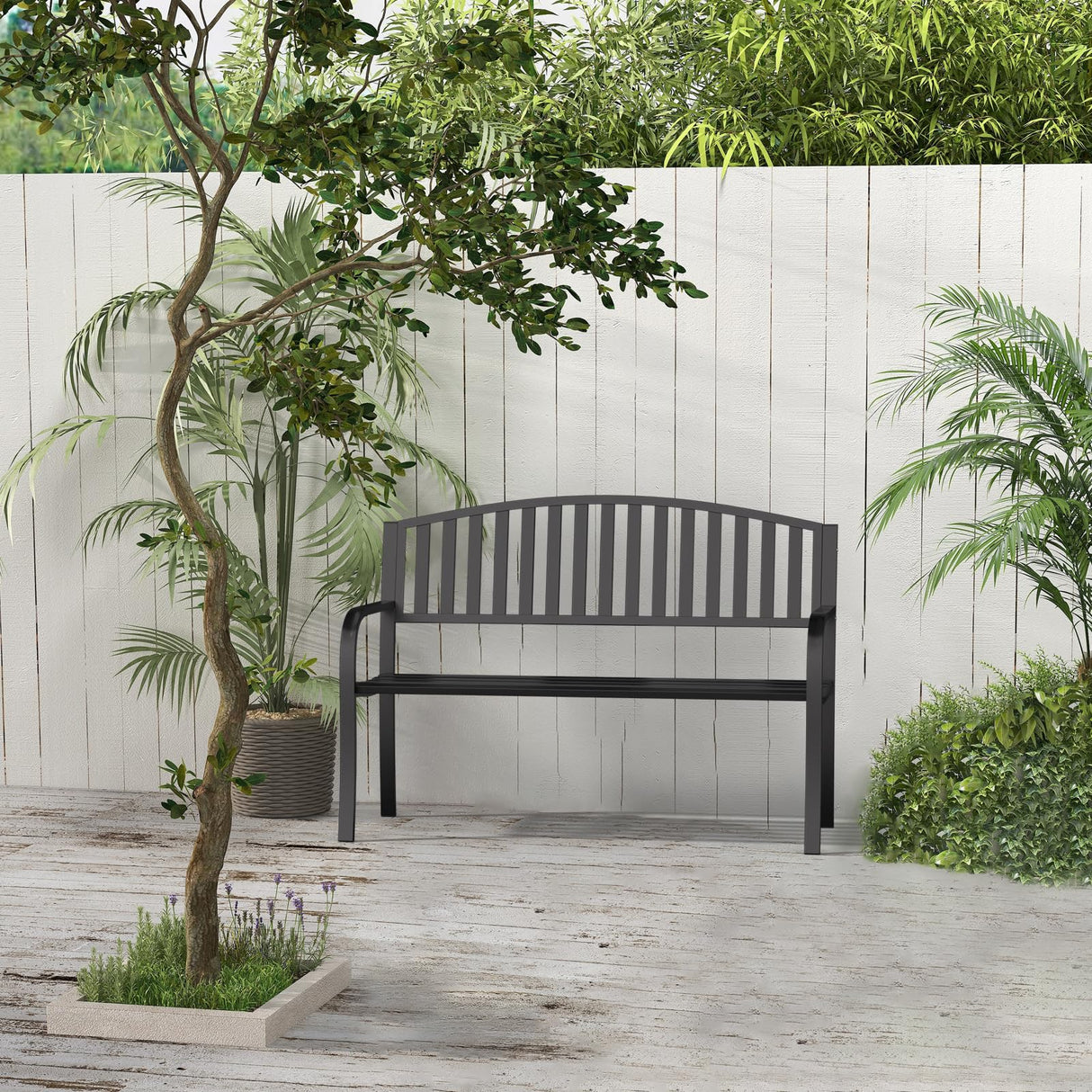 Granper Garden Bench, 50" Outdoor Bench, 660LBS Wrought Iron Porch Bench, Patio Bench with Armrests for Garden Lawn or Yard, Black Granper