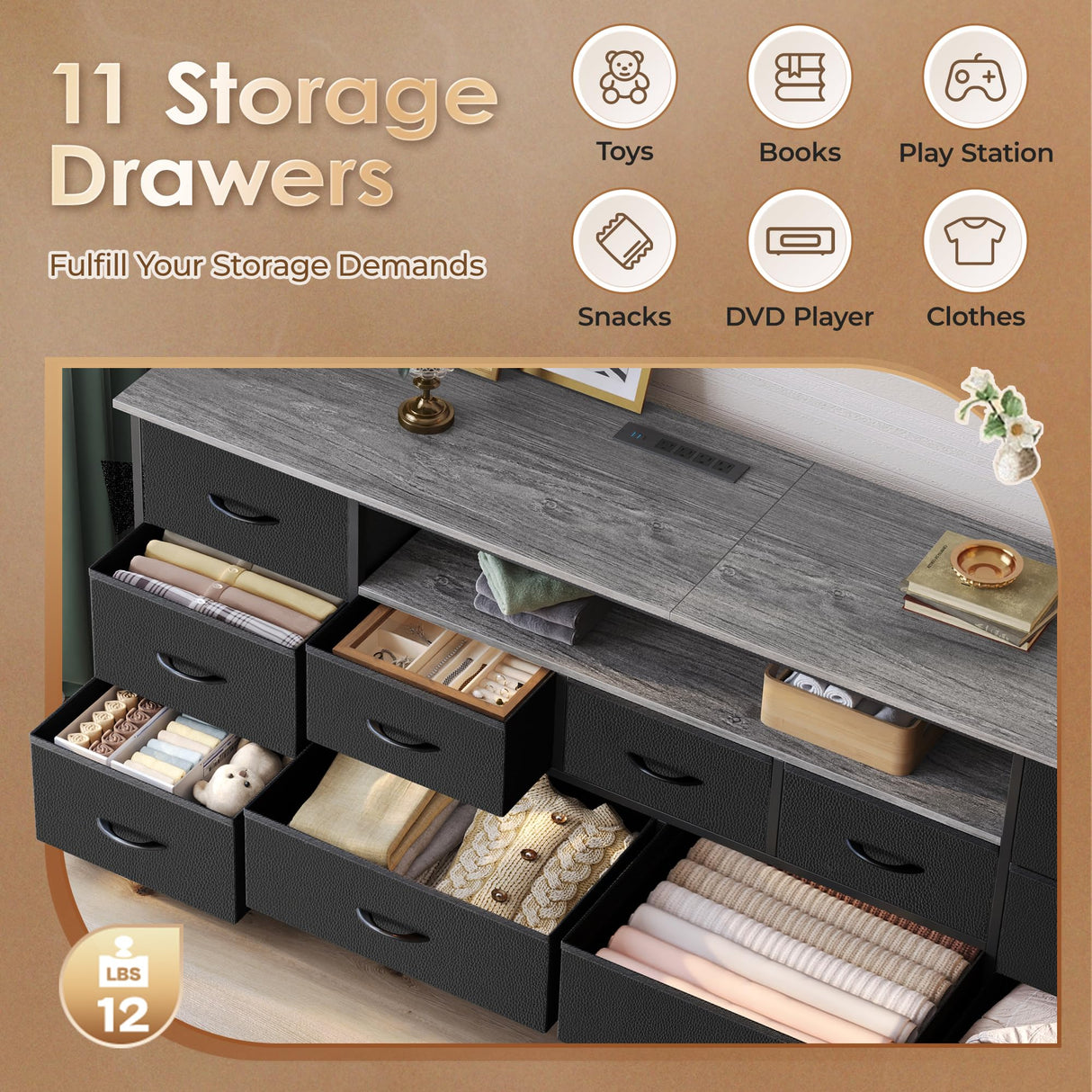 Huuger 63 Inch TV Stand for 65, 70 Inch TV, 11 Drawer Long Dresser with Power Outlets and LED Lights, Entertainment Center with Storage, Grey Dresser with PU Leather Surface Huuger