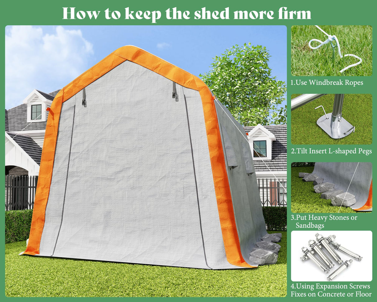 AMERLIFE 8x10x8 FT Heavy Duty Portable Shed Storage Shelter, Outdoor Storage Shed with 4 Waterproof Windows & Roll-up Zipper Door, Carport for Motorcycle, Bike, Grey AMERLIFE