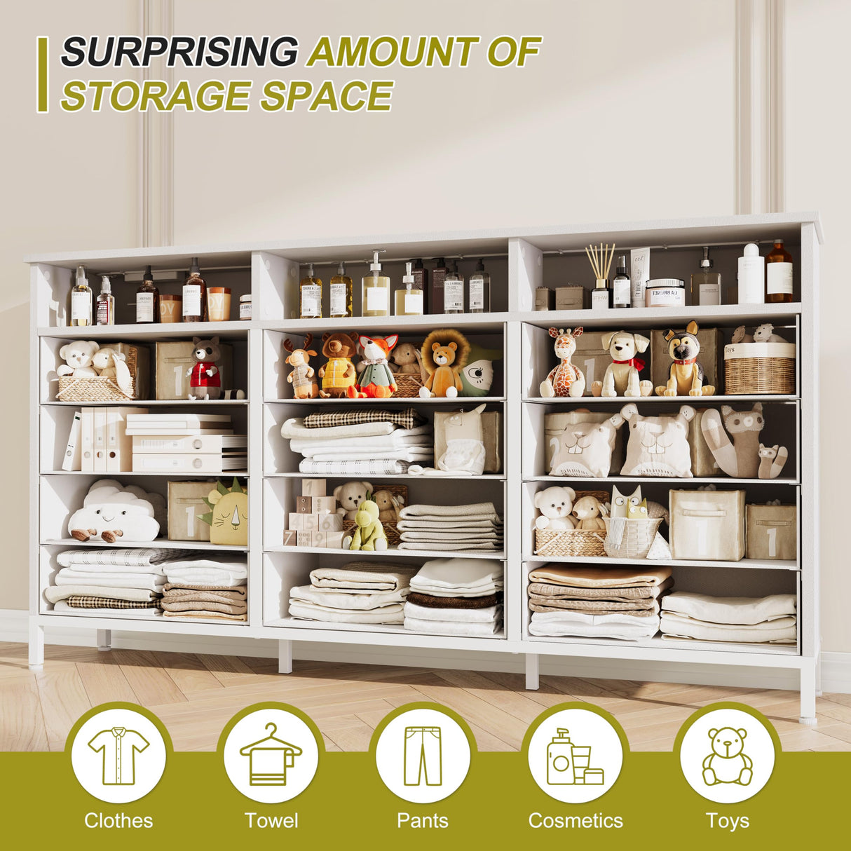 Dresser for Bedroom White Bedroom Dresser with LED Lights and Charging Station, 12 Long Fabric Drawers Dressers, Tall Wide Chest of Drawers Storage Organizer TV Stand for up to 65" TV for Living Room SOOWERY