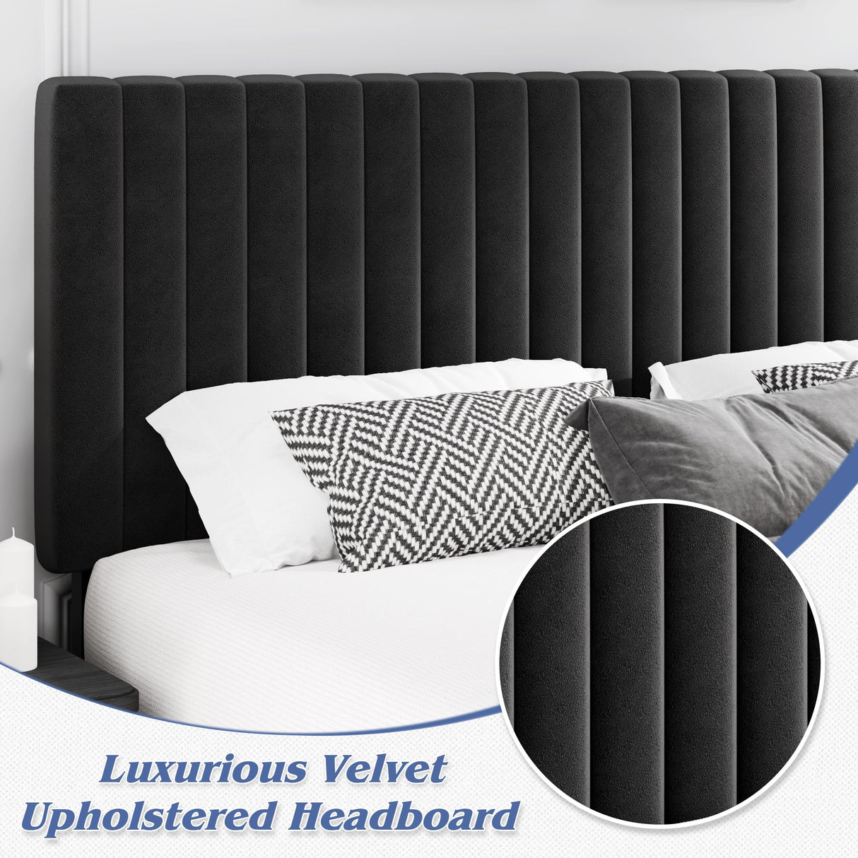 Fluest Queen Bed Frame with Adjustable Headboard, Upholstered Velvet Bed Frame, Platform Bed Frame, Under-Bed Storage, No Box Spring Needed, Easy Assembly, Black Fluest