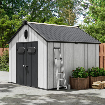 Amopatio Outdoor Storage Shed,8x10 Resin Shed with Floor Included, Outside Sheds Storage Waterproof for Bike, Tools, Garden, Backyard
