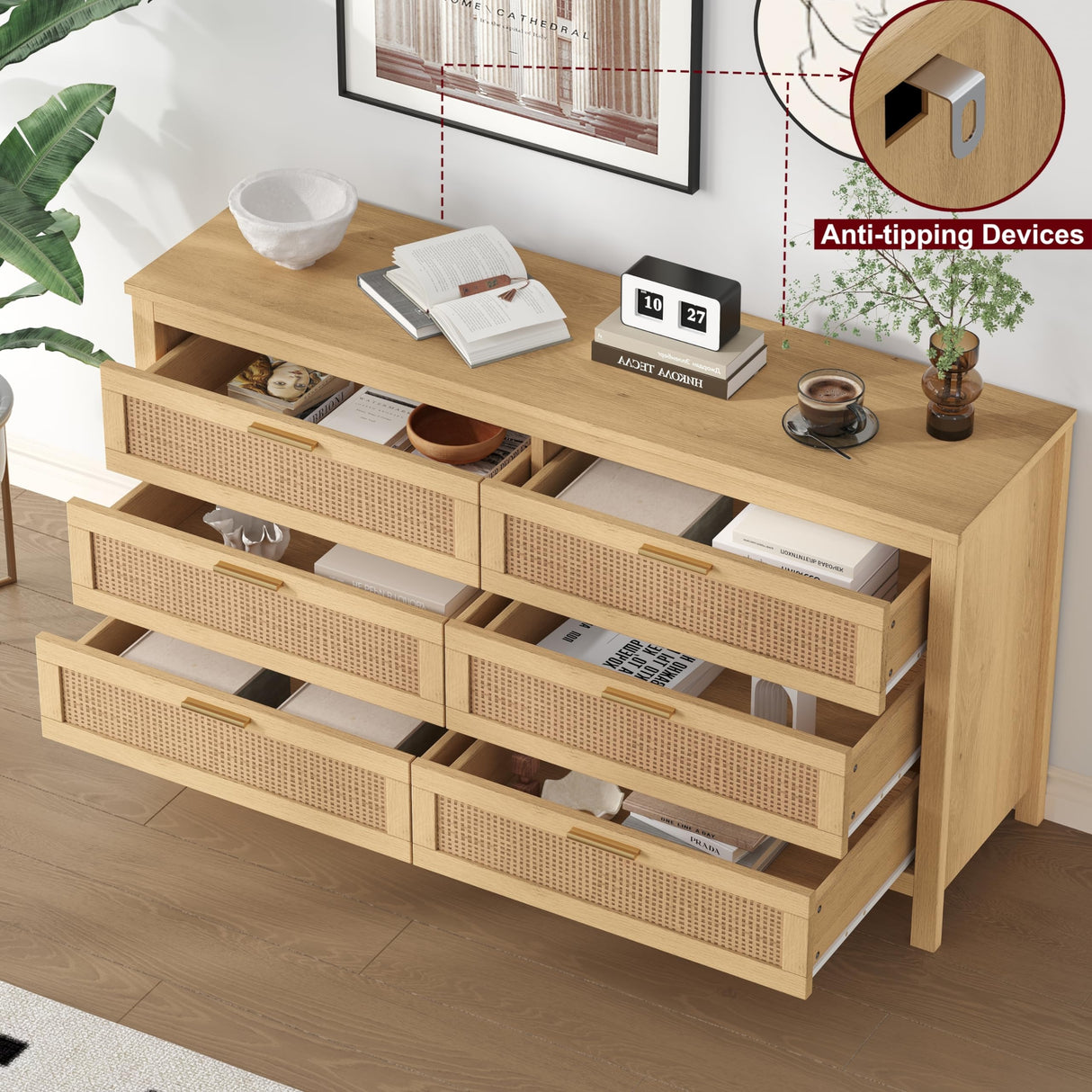 Keehusux Rattan 6 Drawer Dresser for Bedroom, Wooden Storage Chest of Drawers with Metal Handles, Double Dresser Chest for Living Room, Entryway, Natural KES002MDG Keehusux