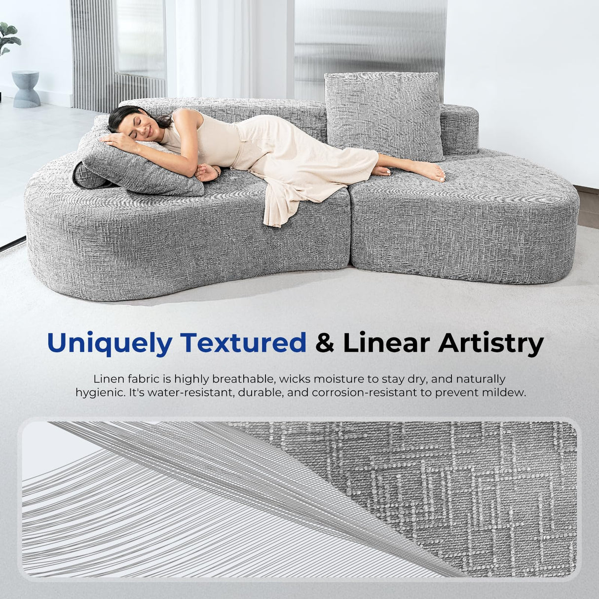 HOMRELEXA 98" Curved Couch with Half Moon Design, Sofa Bed with 2 Throw Pillows & 4 Seaters for Living Room, Office & Apartment,No Assembly Needed(Light Grey) HOMRELEXA