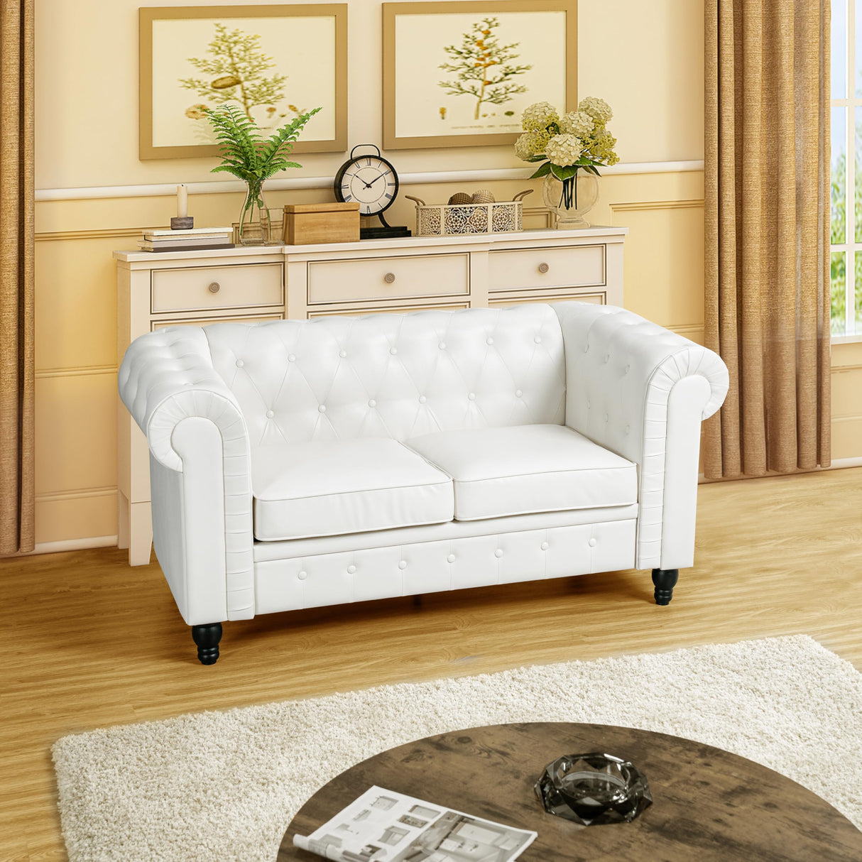 Chesterfield Sofa Set Loveseat Only Vintage Couch Farmhouse Furniture Living Room Tufted Loveseat Modern Chesterfield Loveseat Tufted Couch for Bedroom Leather Sofas for Living Room - Off White Naomi Home