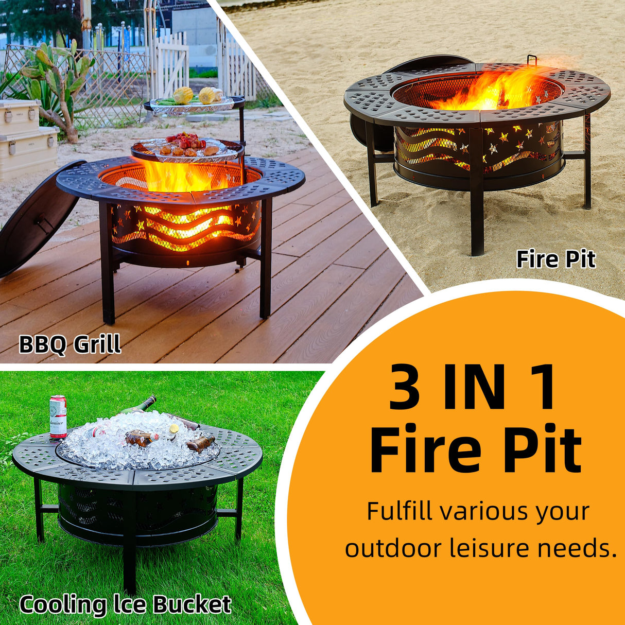 PrimeZone 42" Outdoor Fire Pit with 2 Grills - Wood Burning Firepit for Outside with Cover & Poker, Heavy Duty Metal Fire Pit Large Round Fireplace for Patio, Backyard, Picnic, Camping, Bonfire PrimeZone