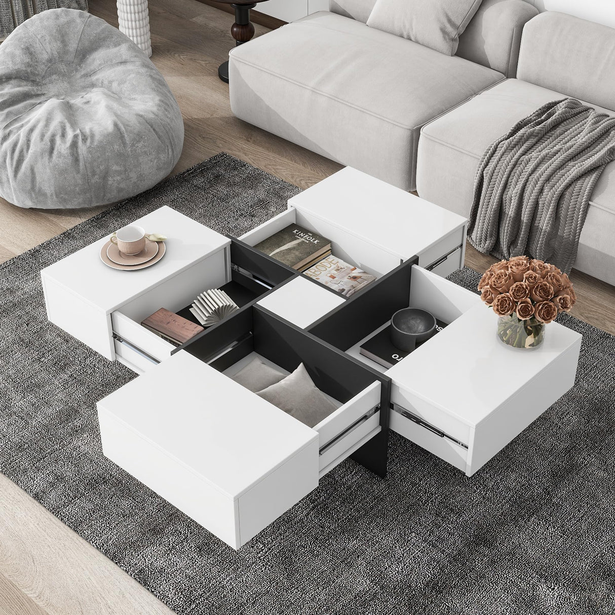 Merax Coffee Table, Modern Extendable Coffee Table with 4 Hidden Storage Compartments, UV High-Gloss Square Center Cocktail Table with Sliding Tabletop for Living Room, 31.5"x 31.5" (White) Merax