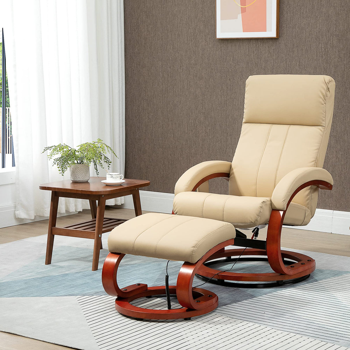 HOMCOM Recliner Chair with Ottoman, Electric Faux Leather Recliner with 10 Vibration Points and 5 Massage Mode, Reclining Chair with Remote Control, Swivel Wood Base and Side Pocket, Beige HOMCOM