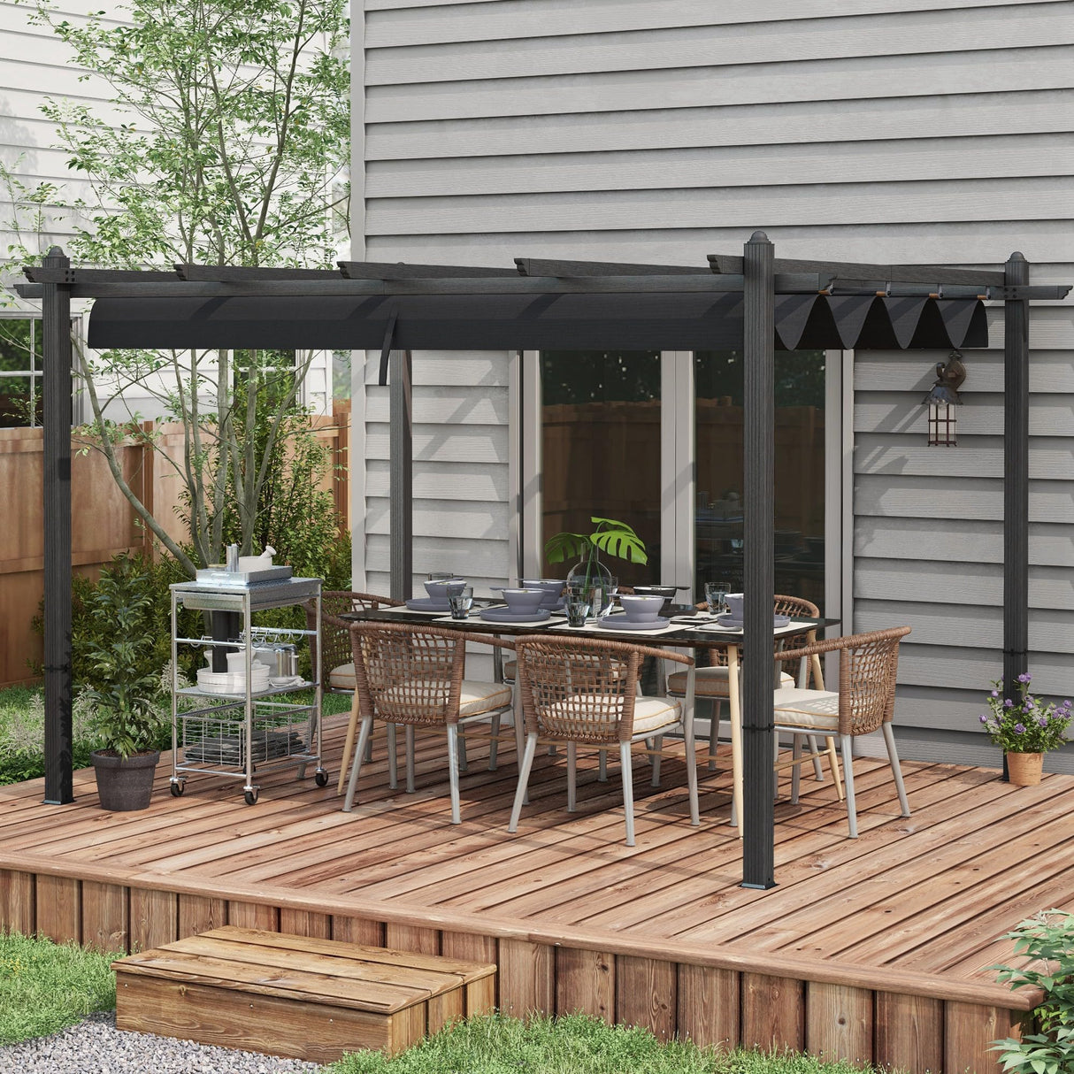 Outsunny 10' x 12' Retractable Pergola Canopy, Wood Grain Aluminum Pergola, Outdoor Sun Shade Shelter for Grill, Garden, Patio, Backyard, Deck, Gray Outsunny