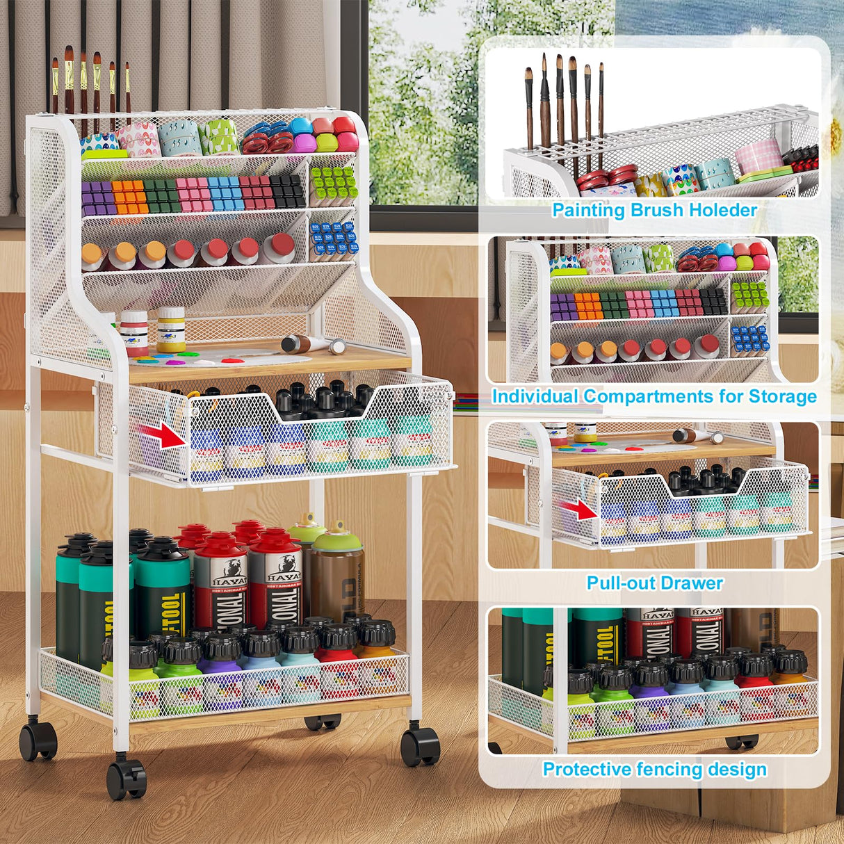 Rolling Craft Cart with Drawer, White Small Utility Cart, Metal Storage Cart with Lockable Wheels, 6 Tiers Paint Organizer for Art Supplies, Store for Brushes Paints Artifacts Small Parts JKsmart